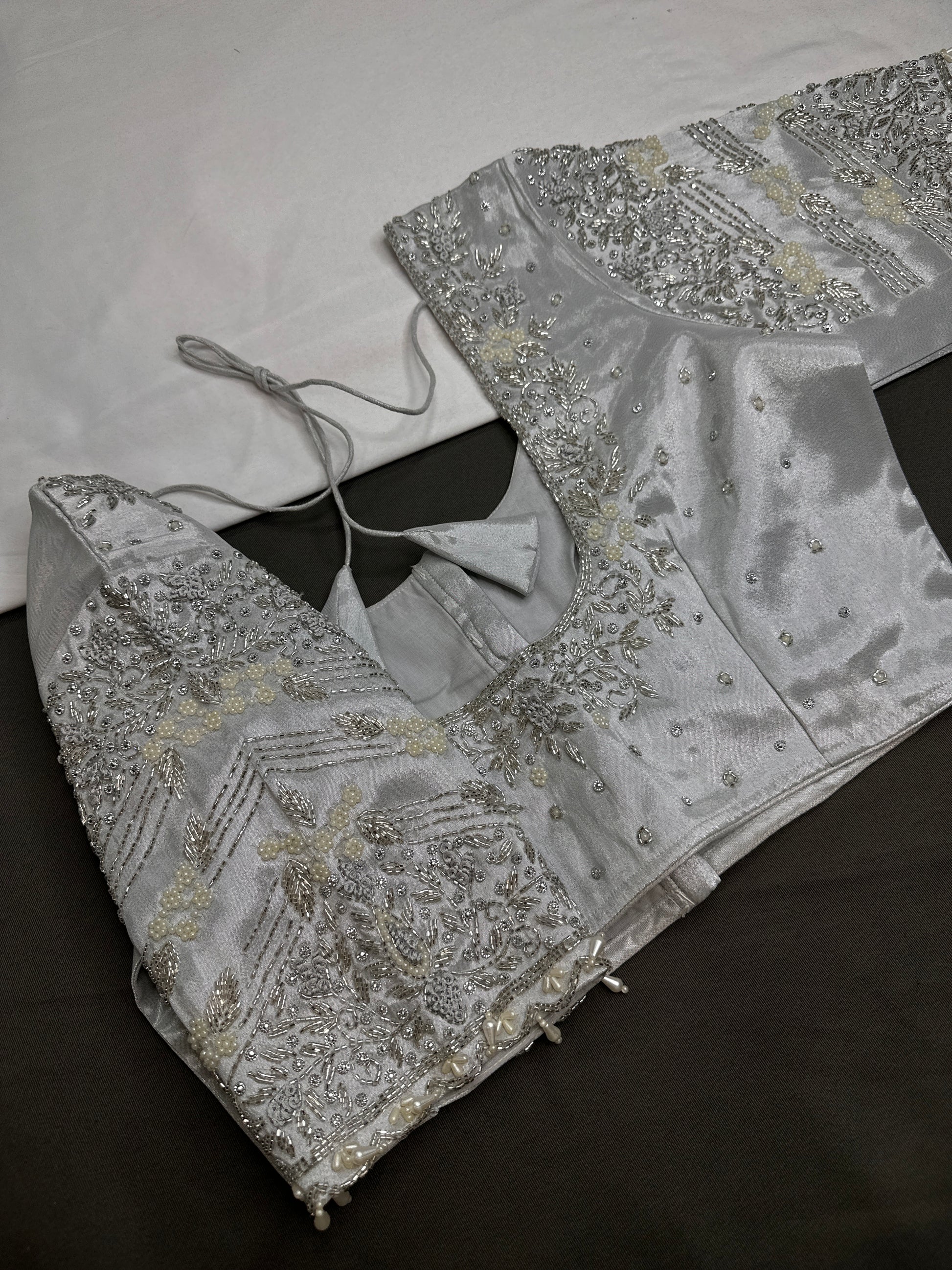 Silver Silk Maggam Aari Pearl Work Blouse - 