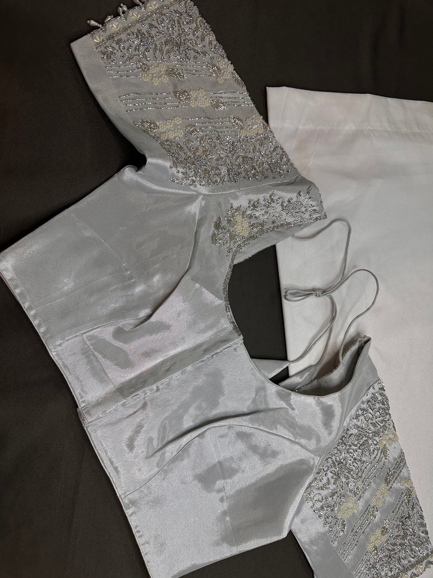 Silver Silk Maggam Aari Pearl Work Blouse - 