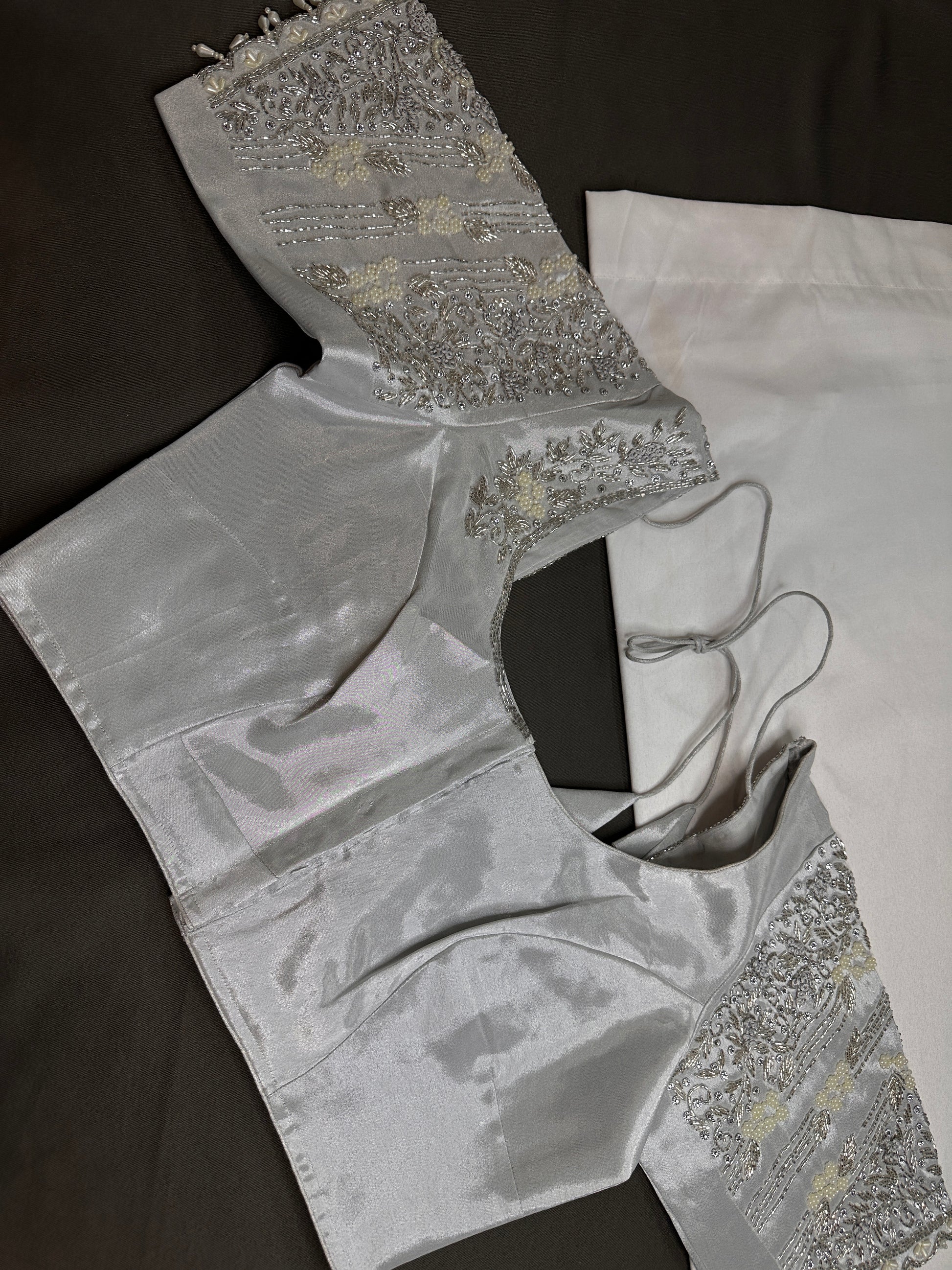 Silver Silk Maggam Aari Pearl Work Blouse - 