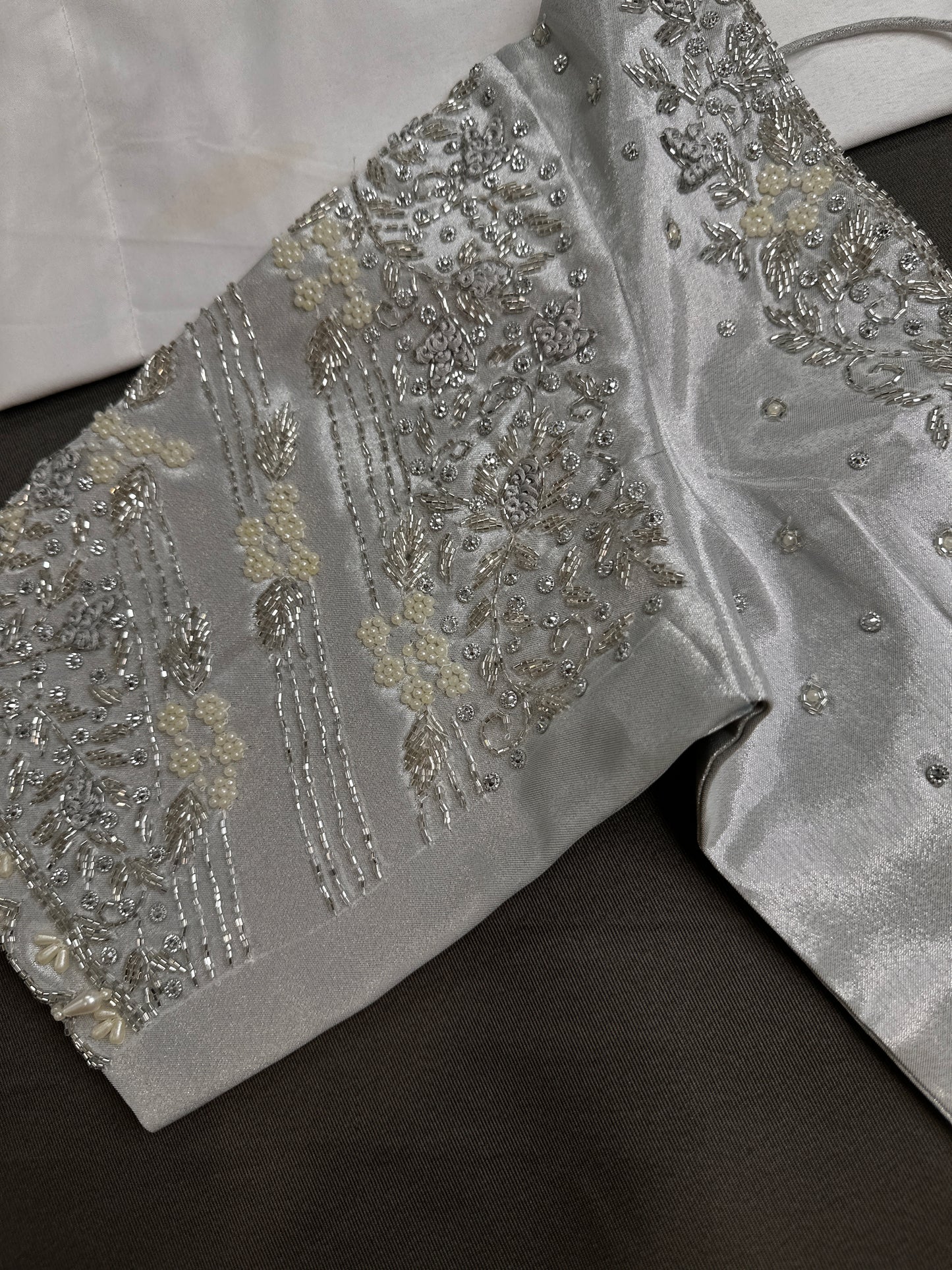 Silver Silk Maggam Aari Pearl Work Blouse - 