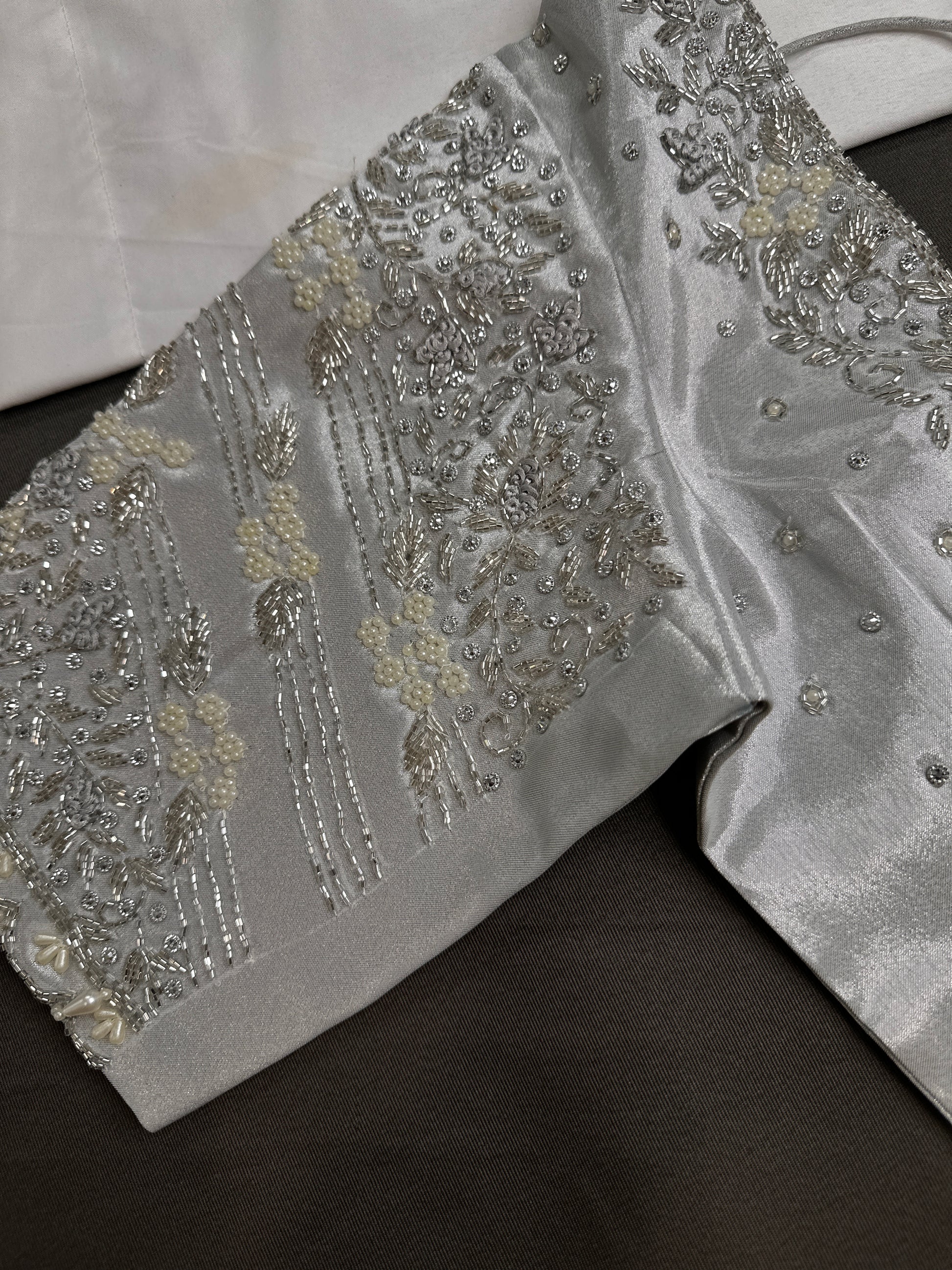 Silver Silk Maggam Aari Pearl Work Blouse - 