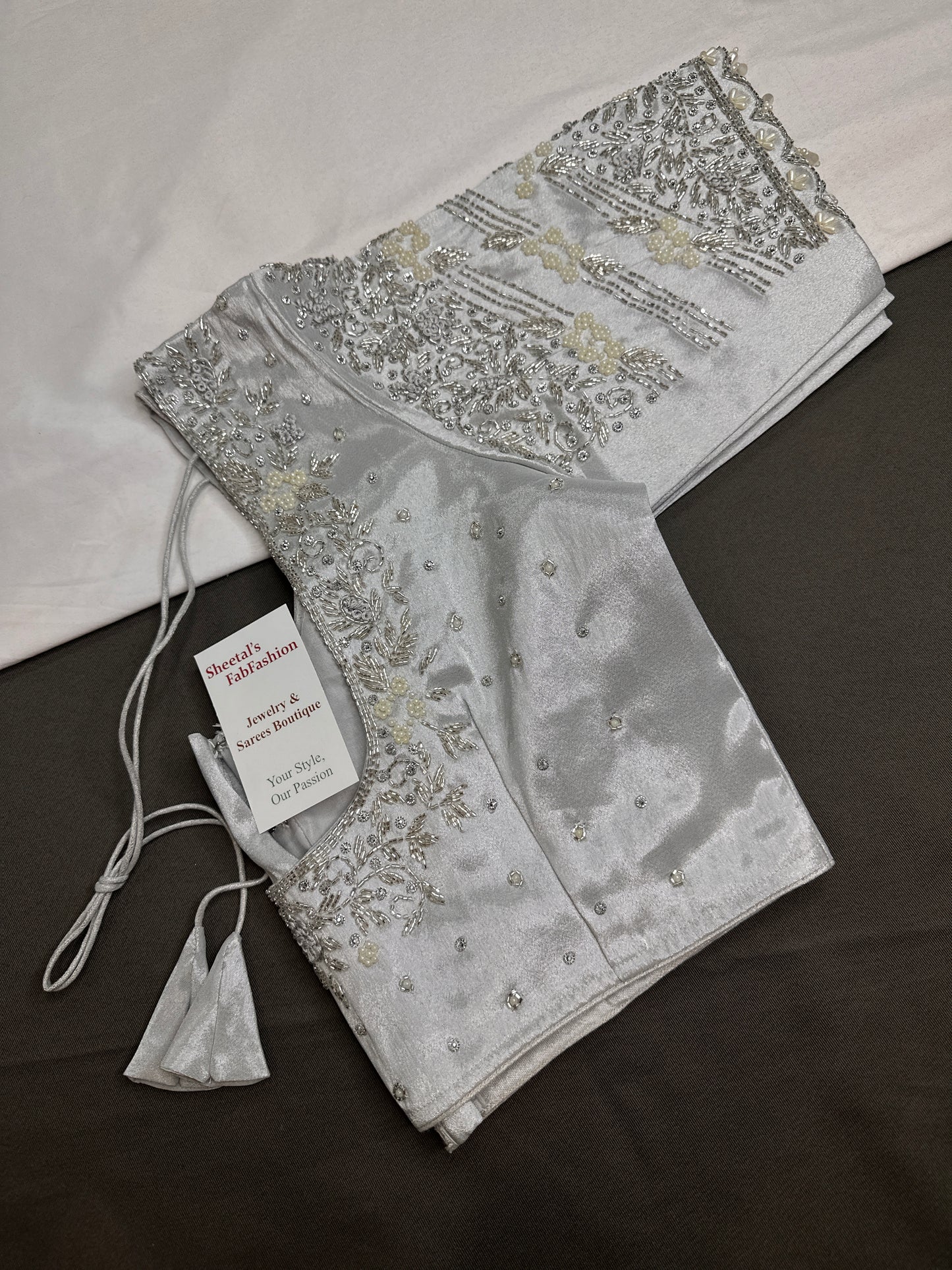Silver Silk Maggam Aari Pearl Work Blouse - 
