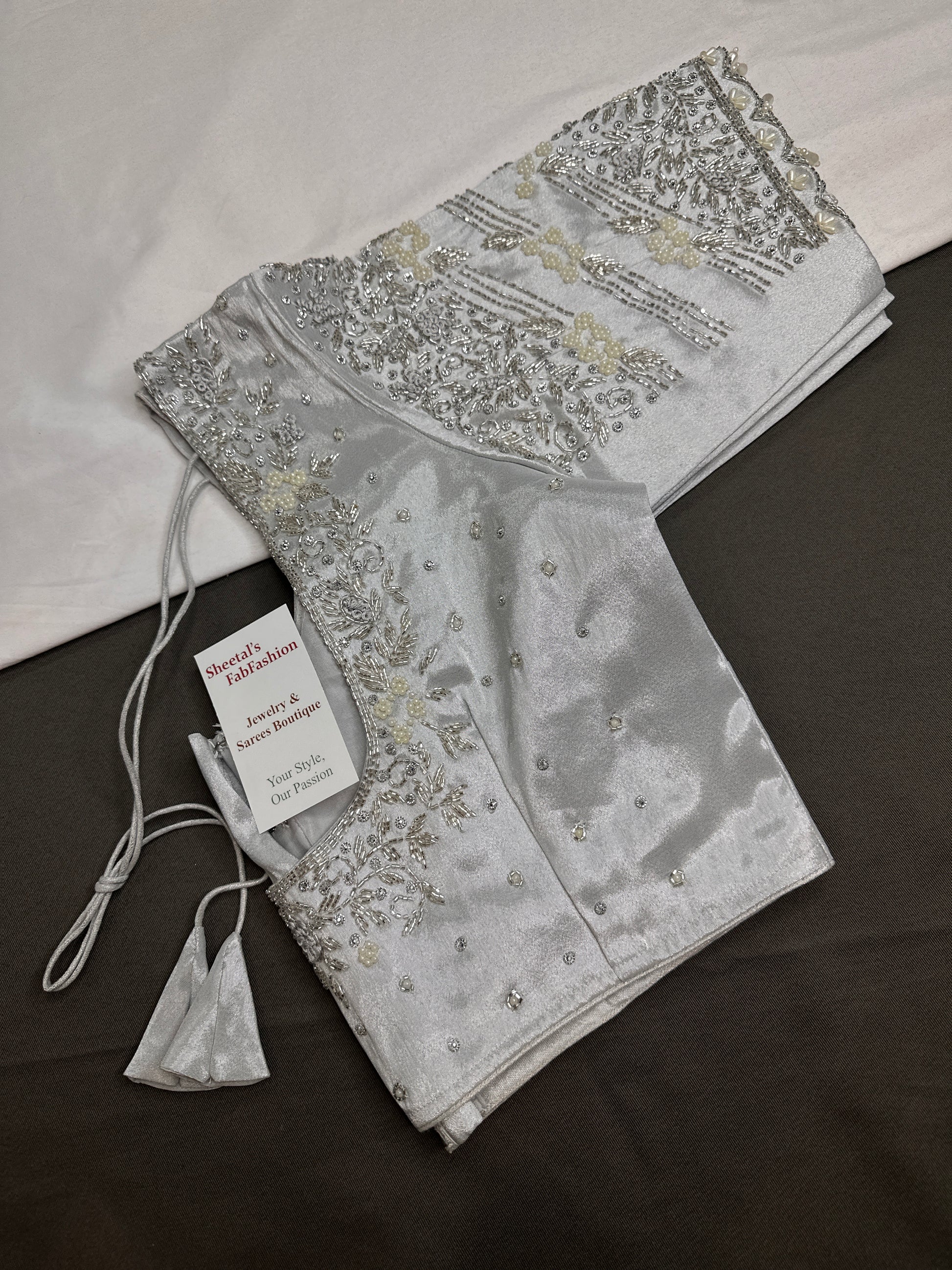 Silver Silk Maggam Aari Pearl Work Blouse - 