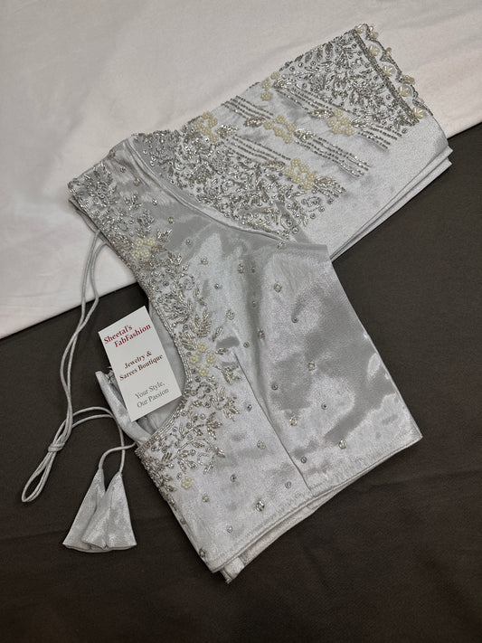Silver Silk Maggam Aari Pearl Work Blouse - 