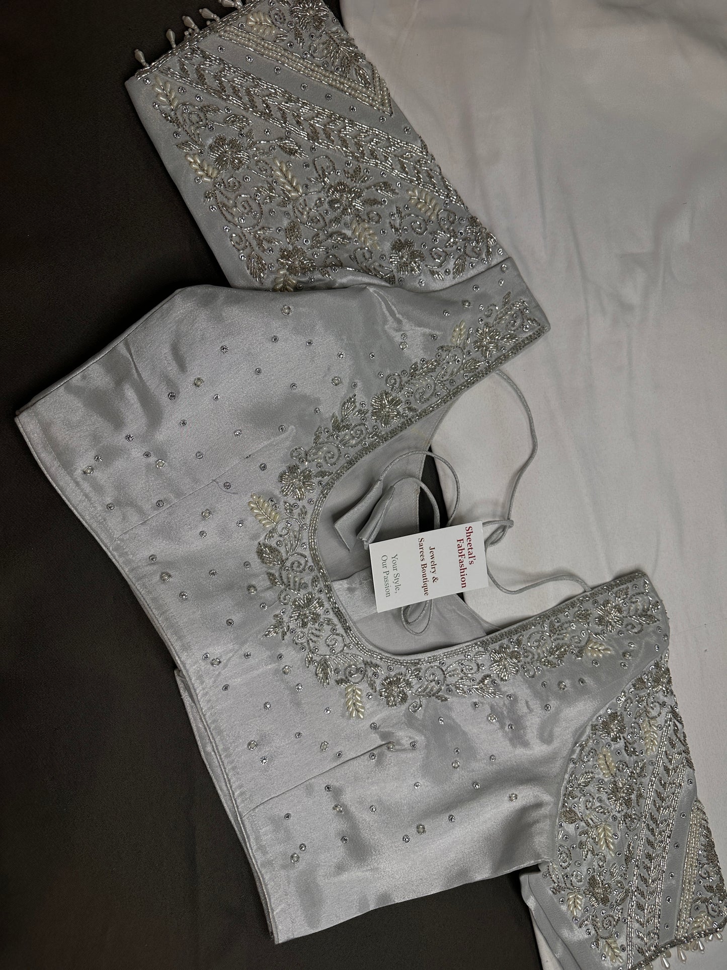 Silver Silk Maggam Aari Pearl Work Blouse - 