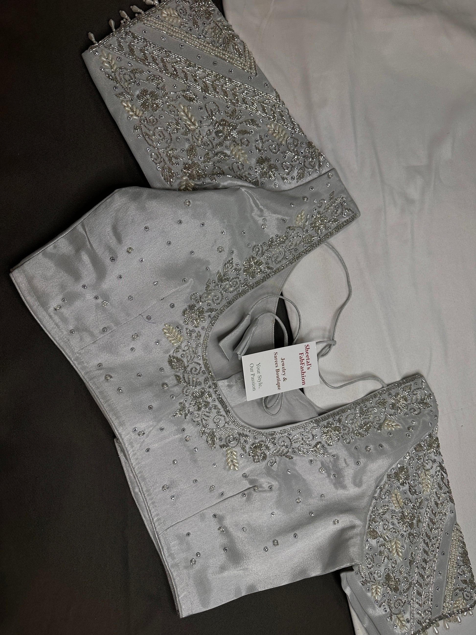 Silver Silk Maggam Aari Pearl Work Blouse - 