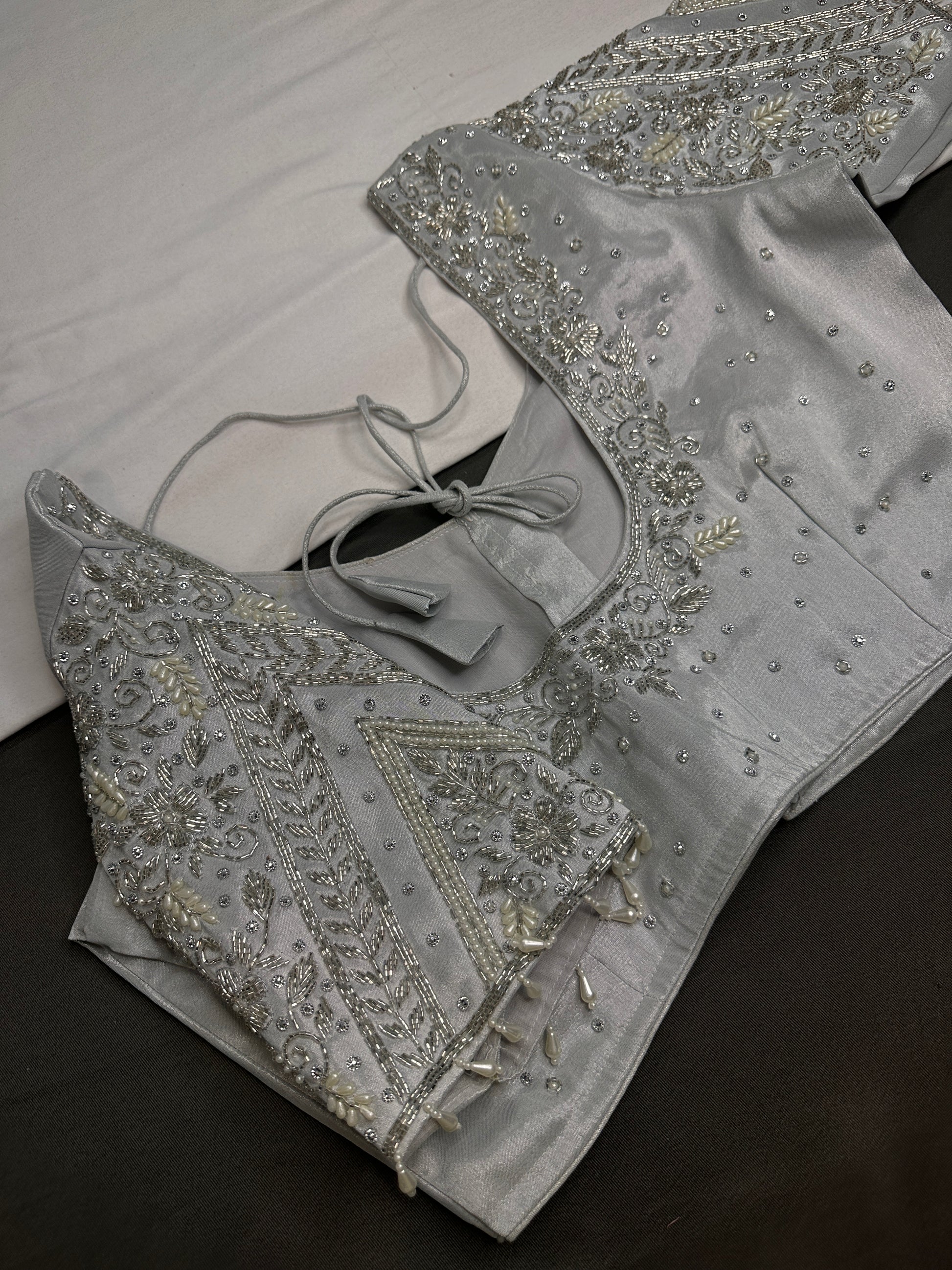 Silver Silk Maggam Aari Pearl Work Blouse - 