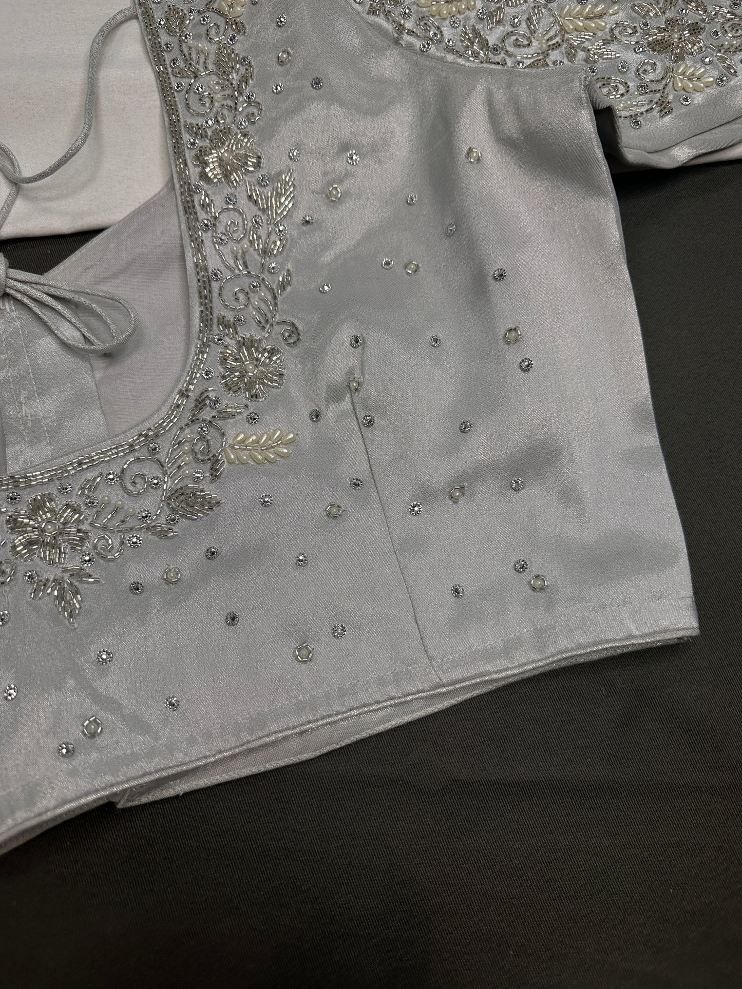 Silver Silk Maggam Aari Pearl Work Blouse - 