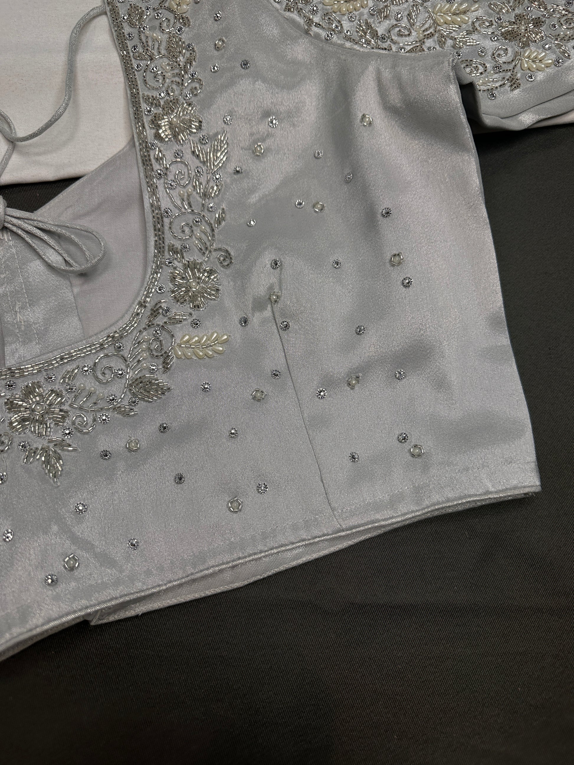 Silver Silk Maggam Aari Pearl Work Blouse - 
