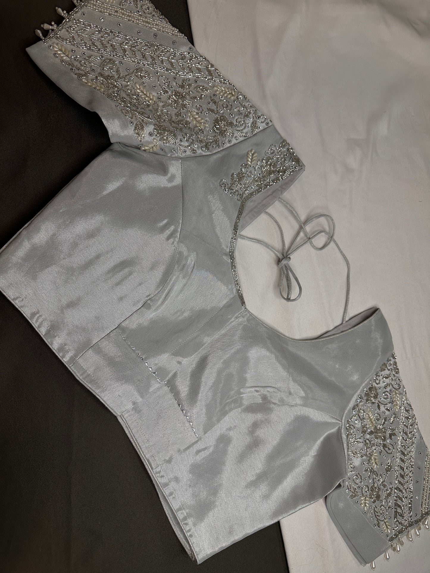 Silver Silk Maggam Aari Pearl Work Blouse - 