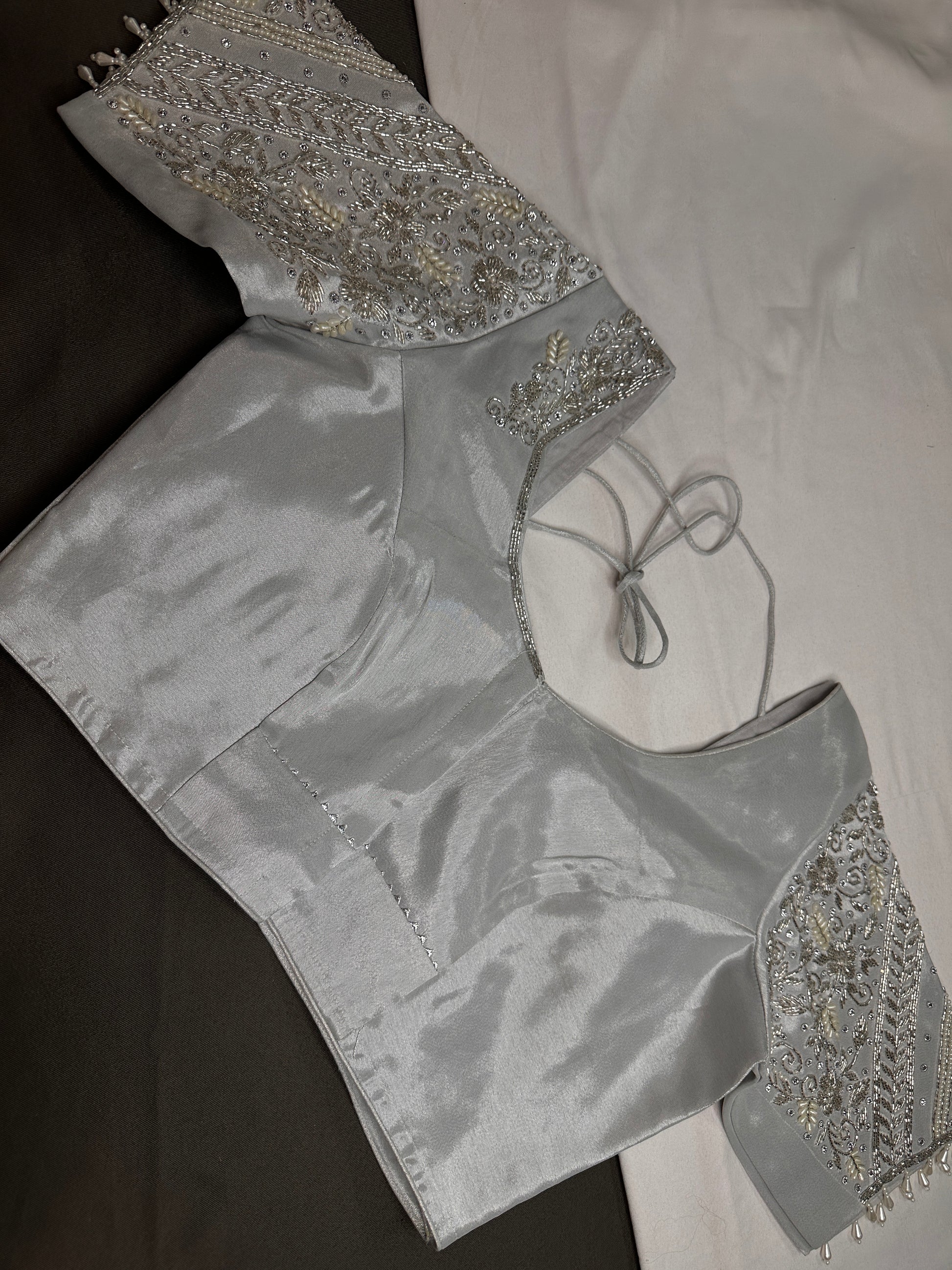 Silver Silk Maggam Aari Pearl Work Blouse - 