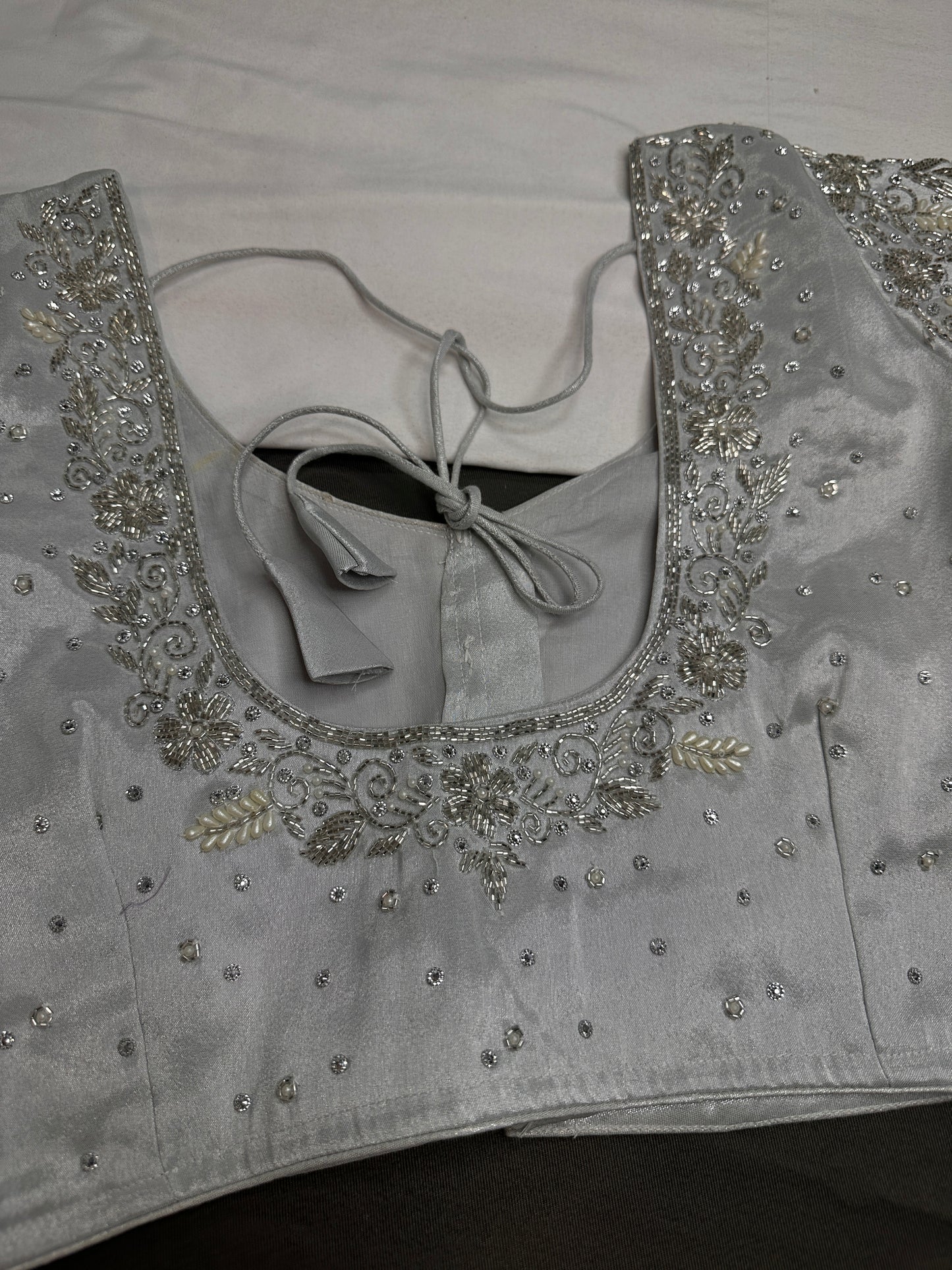 Silver Silk Maggam Aari Pearl Work Blouse - 