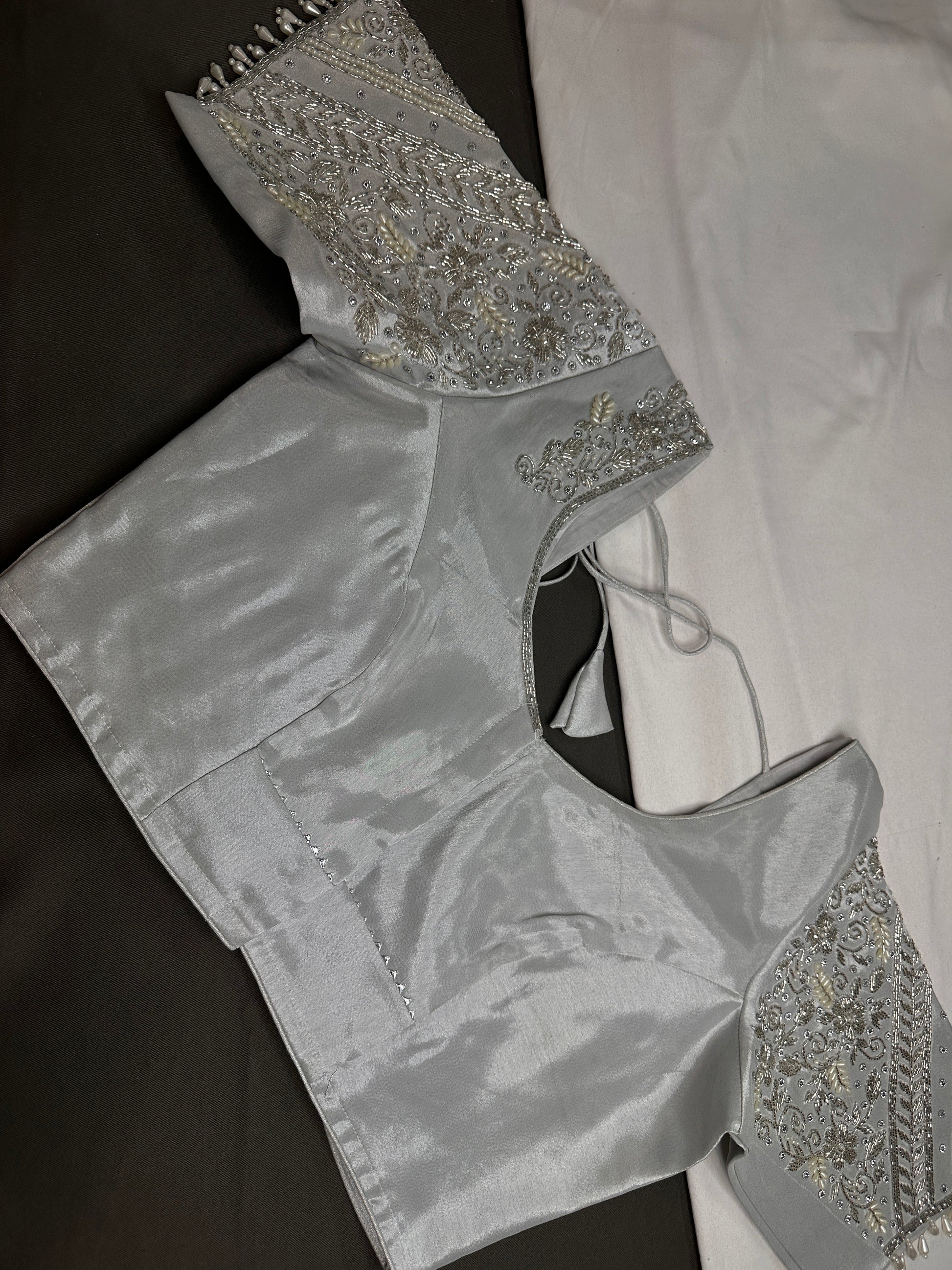 Silver Silk Maggam Aari Pearl Work Blouse - 