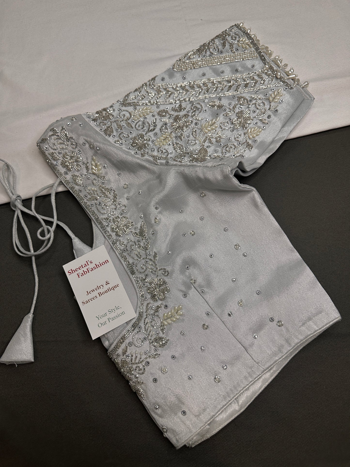 Silver Silk Maggam Aari Pearl Work Blouse - 