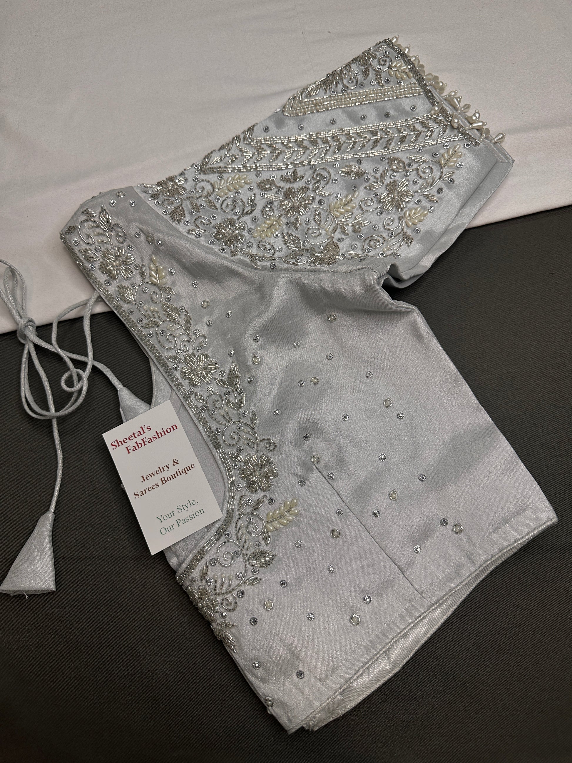 Silver Silk Maggam Aari Pearl Work Blouse - 