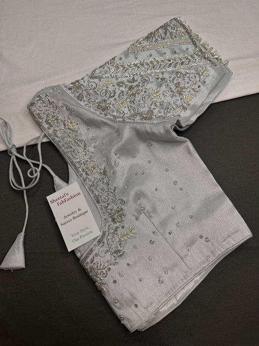 Silver Silk Maggam Aari Pearl Work Blouse - 