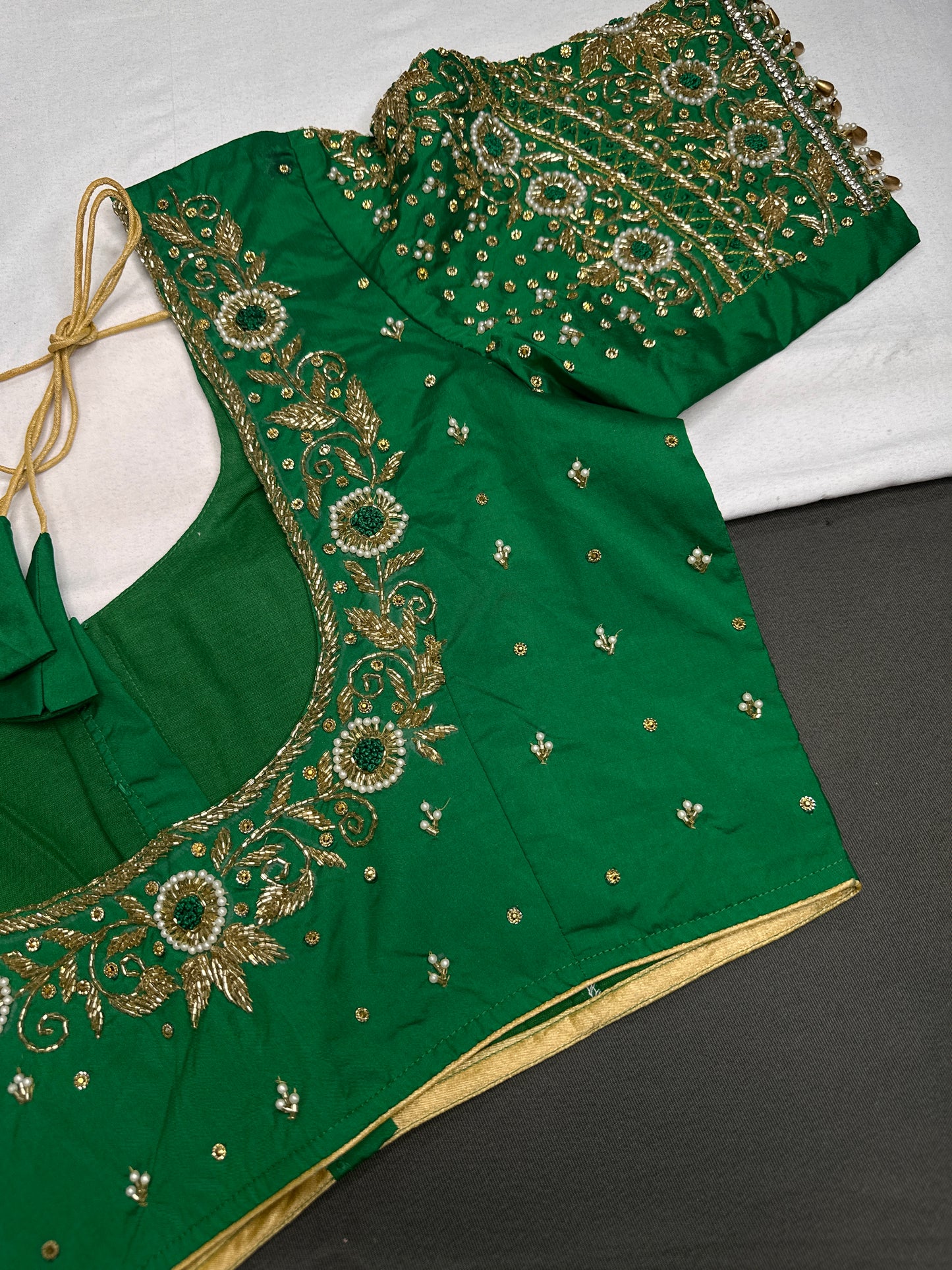 Green Pattu Silk Maggam Aari Blouse - 