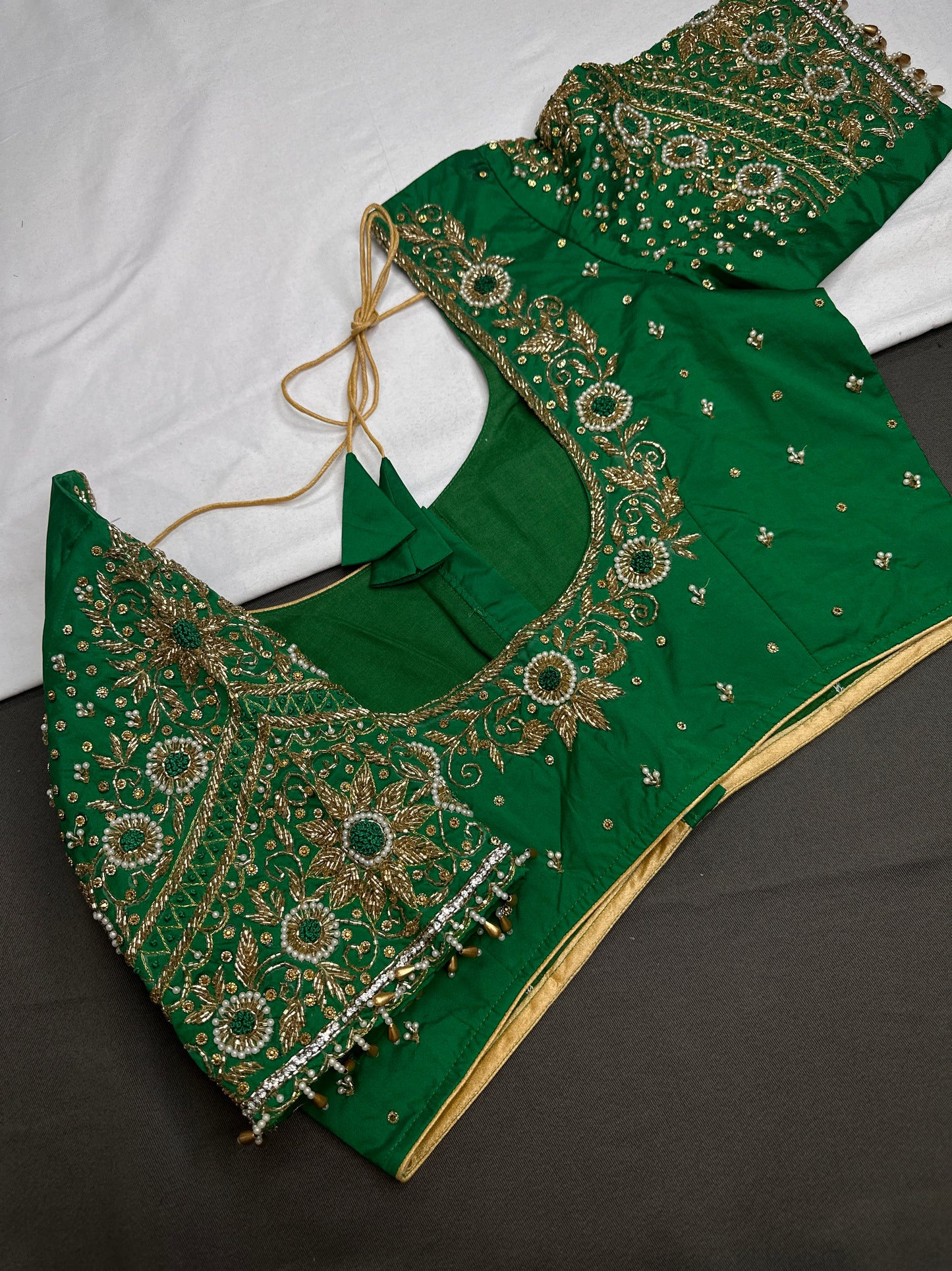 Green Pattu Silk Maggam Aari Blouse - 