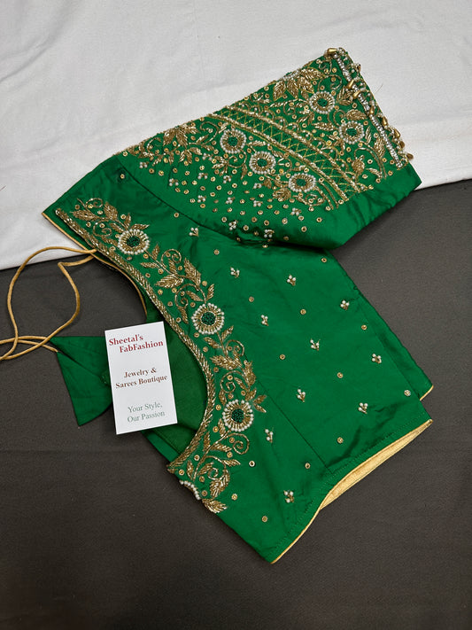 Green Pattu Silk Maggam Aari Blouse - 