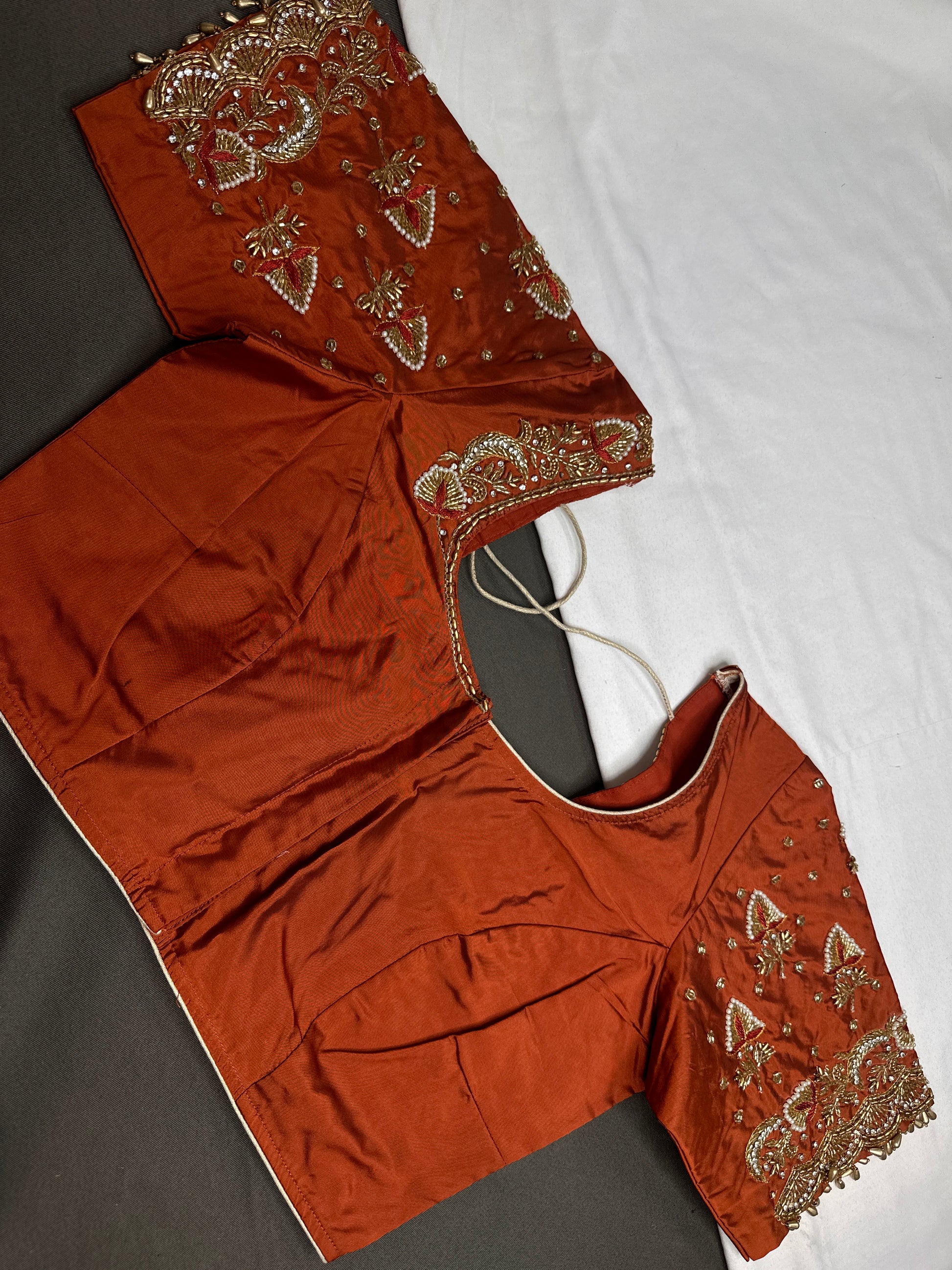 Rust Brown Pattu Silk Maggam Aari Blouse - 