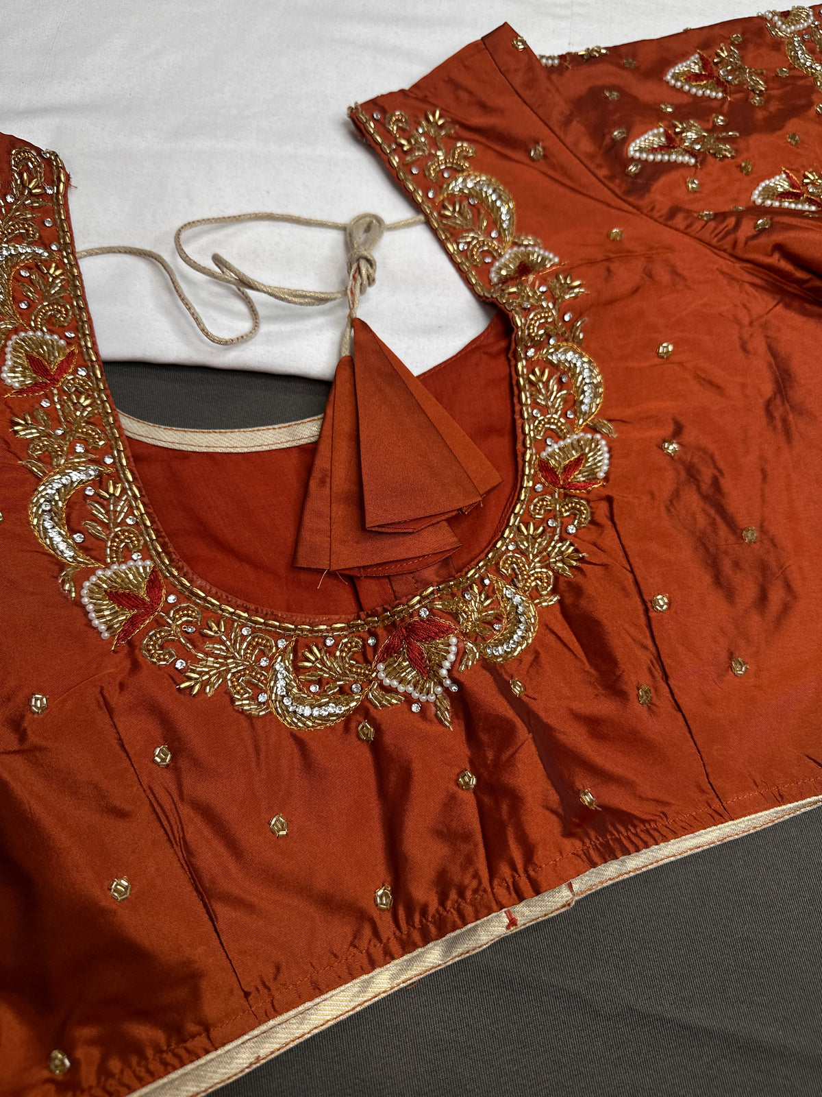 Rust Brown Pattu Silk Maggam Aari Blouse - 