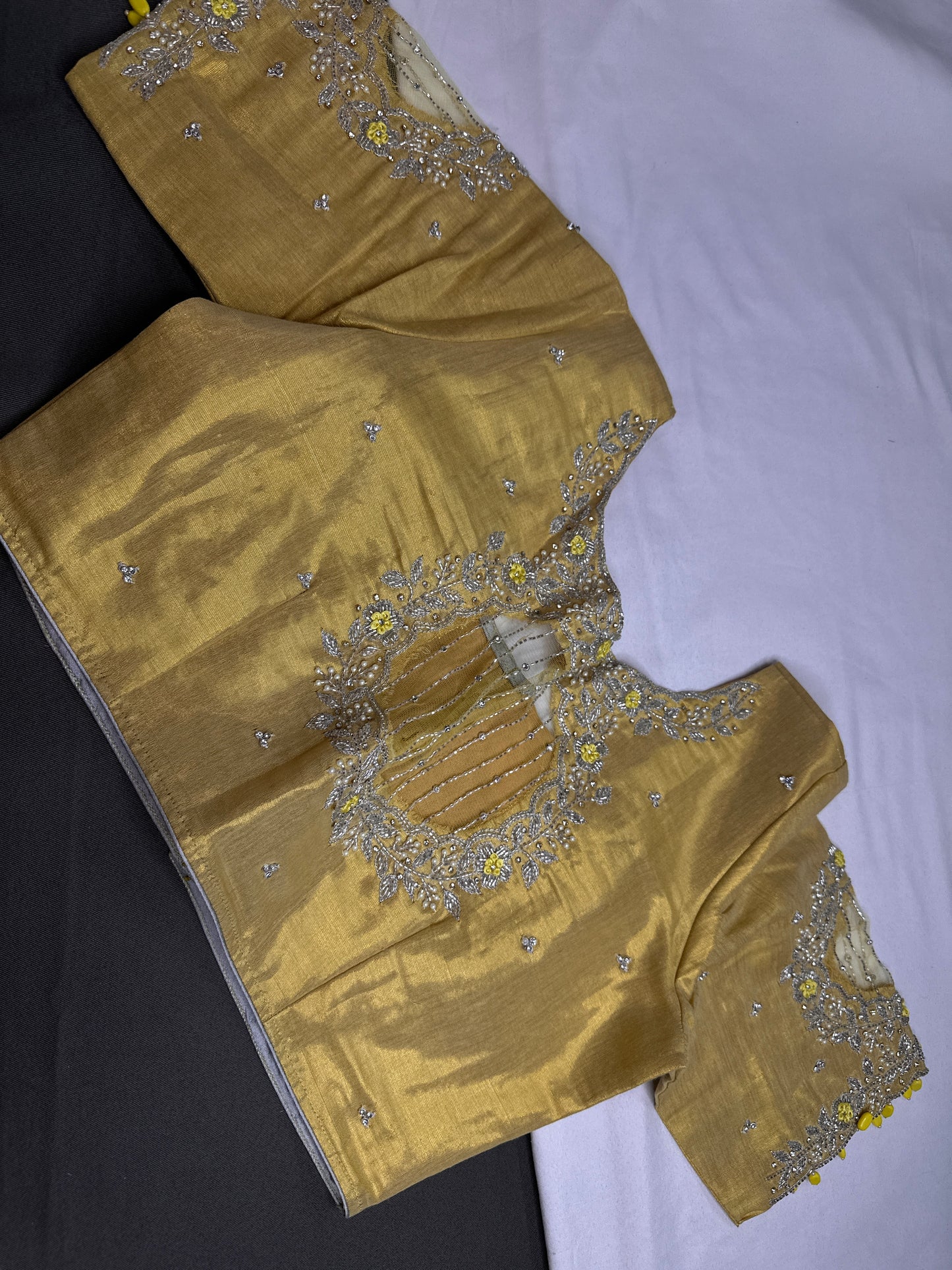 Gold Tissue Net Pattu Silk Maggam Aari Blouse - 