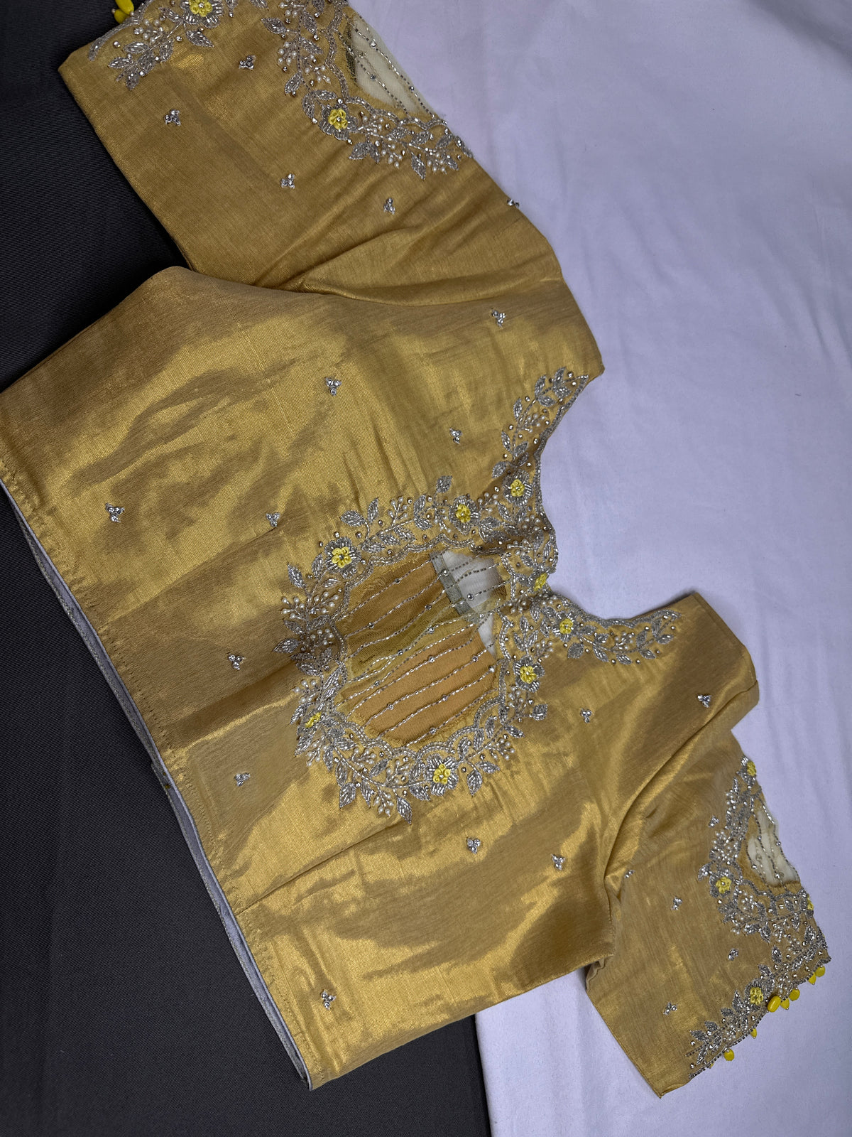 Gold Tissue Net Pattu Silk Maggam Aari Blouse - 