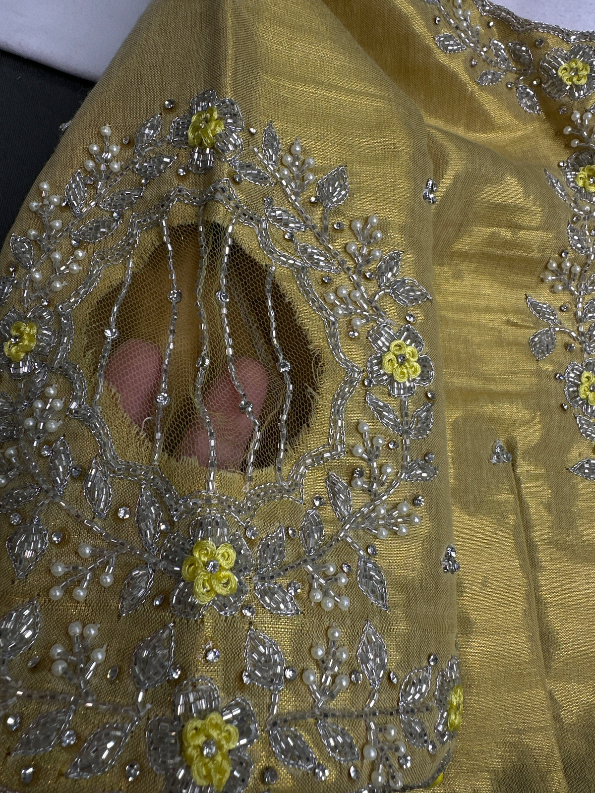 Gold Tissue Net Pattu Silk Maggam Aari Blouse - 