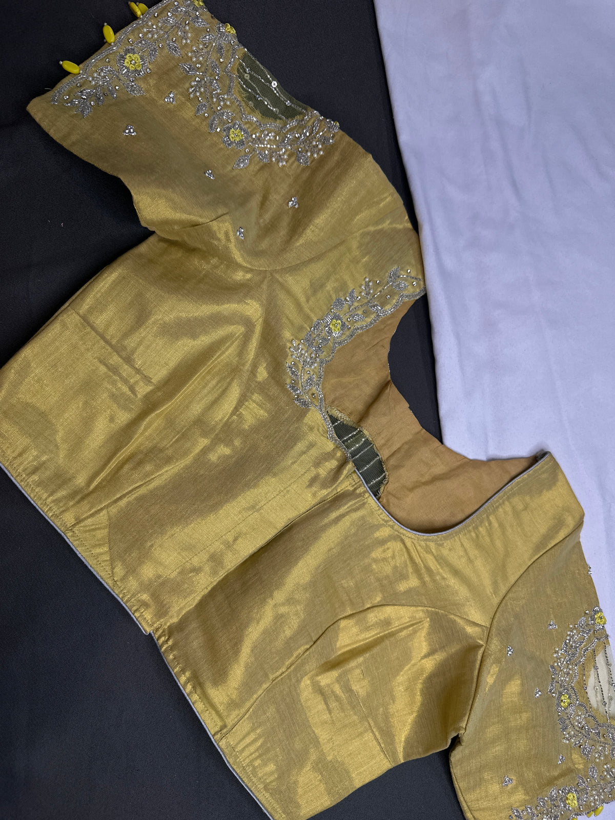 Gold Tissue Net Pattu Silk Maggam Aari Blouse - 