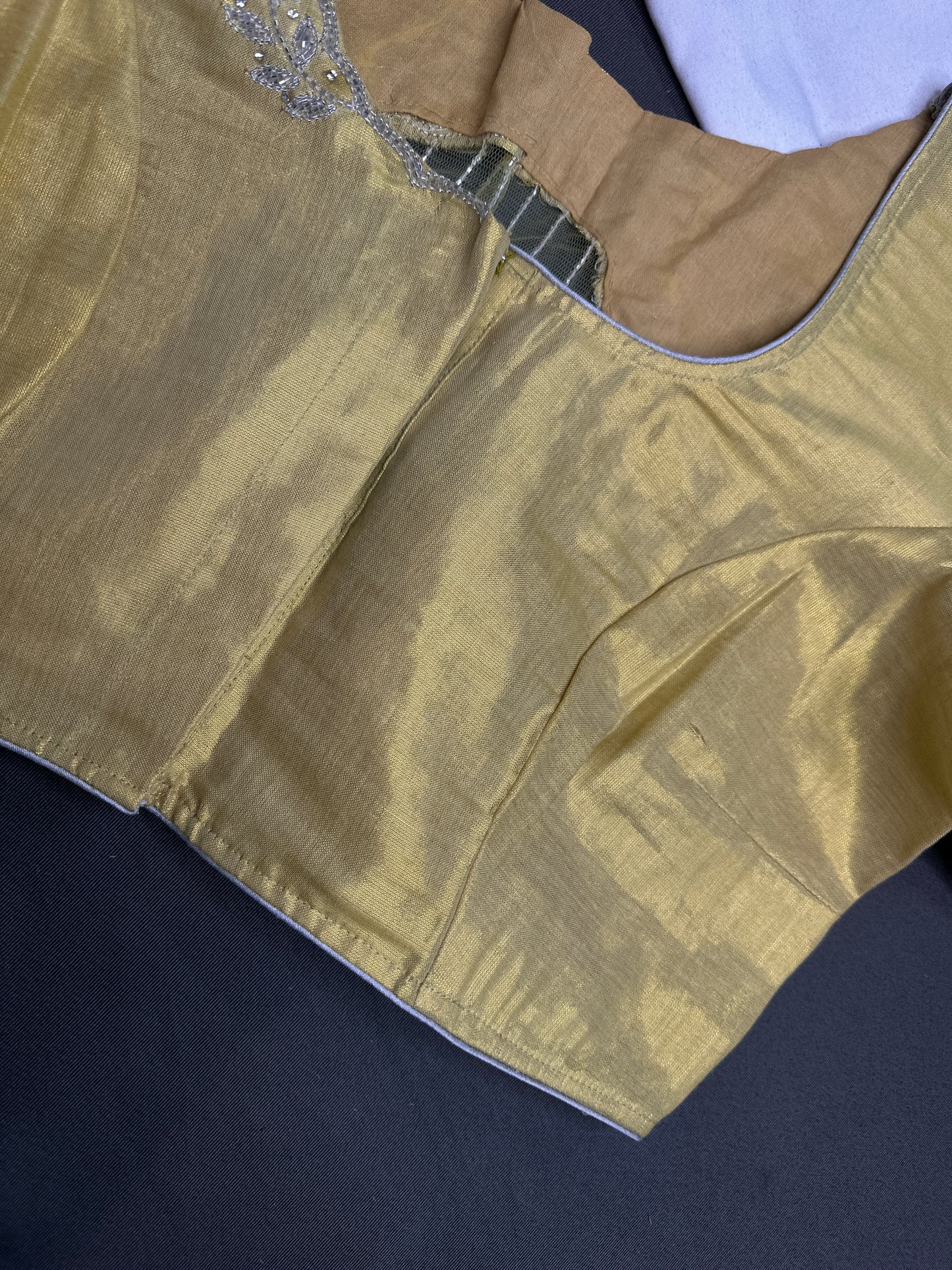 Gold Tissue Net Pattu Silk Maggam Aari Blouse - 
