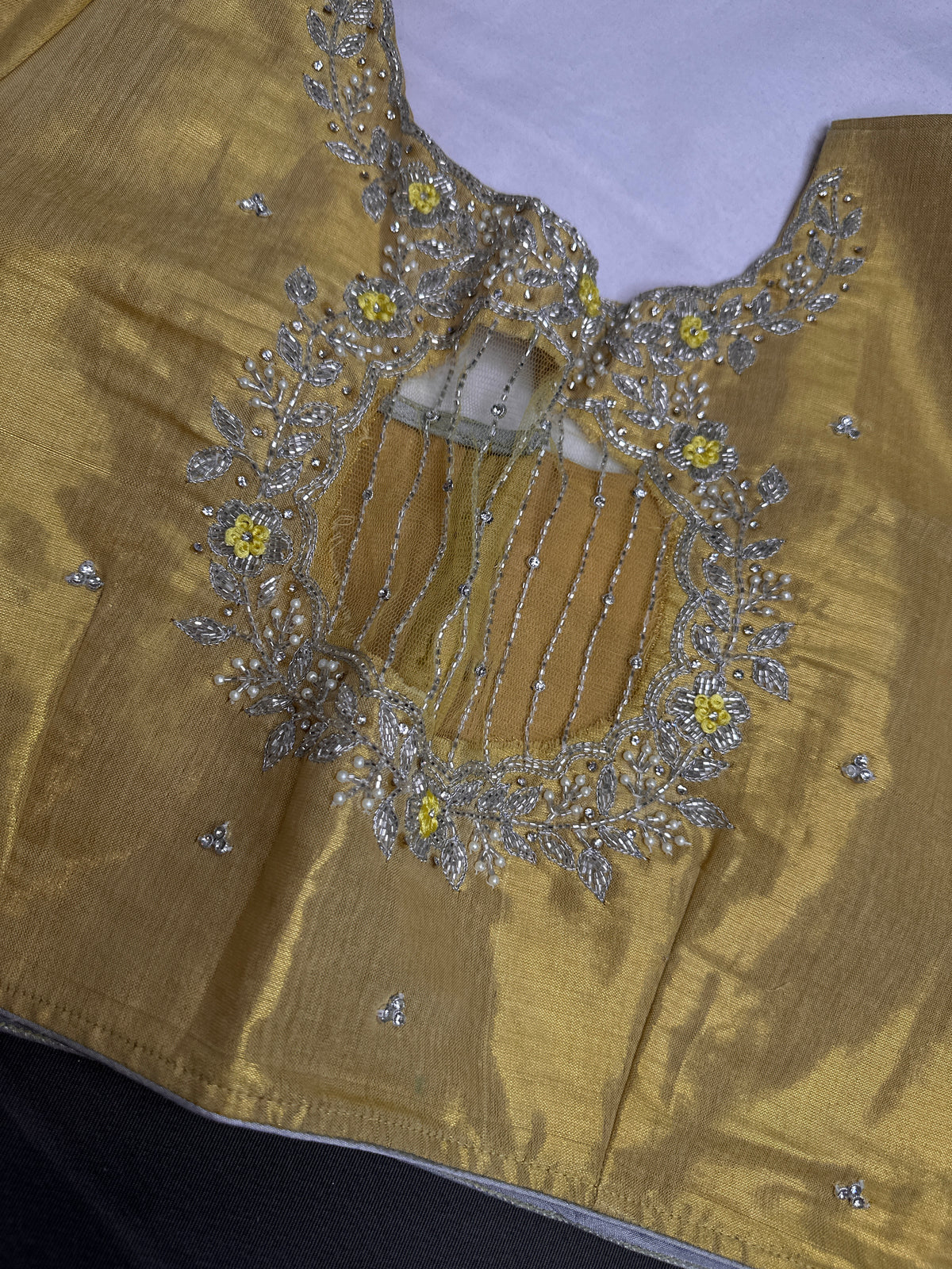 Gold Tissue Net Pattu Silk Maggam Aari Blouse - 