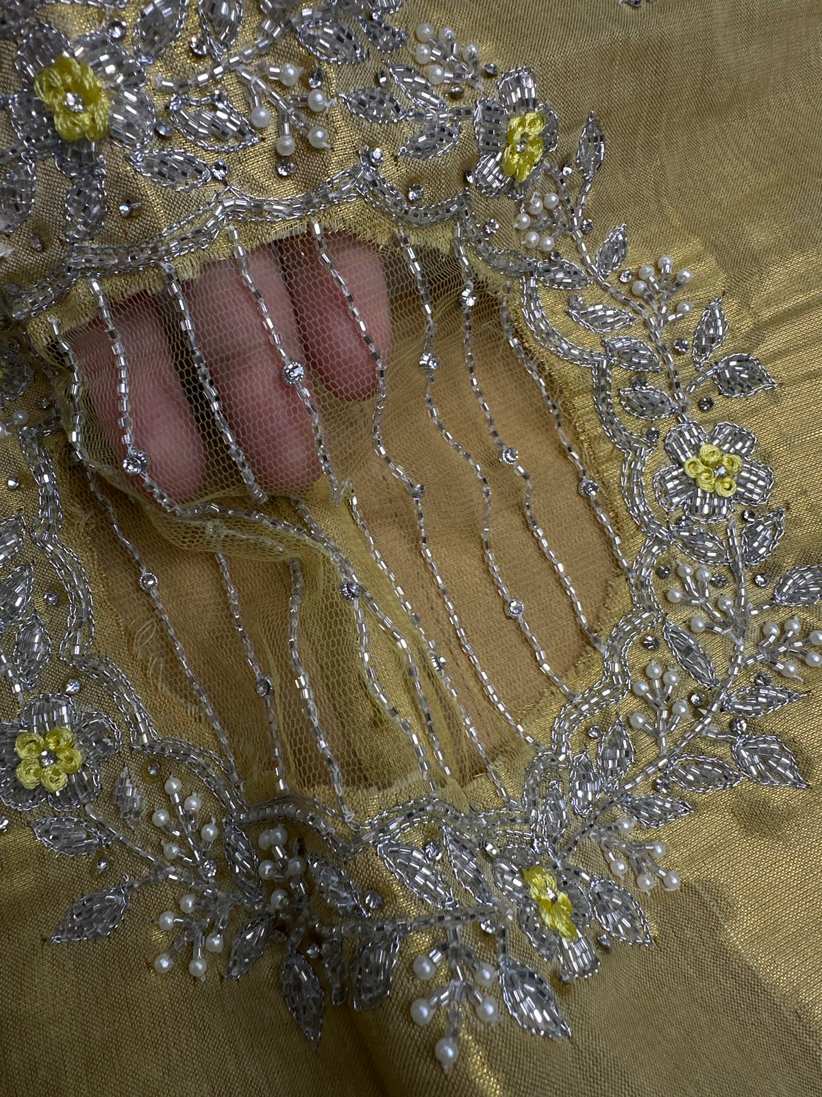 Gold Tissue Net Pattu Silk Maggam Aari Blouse - 