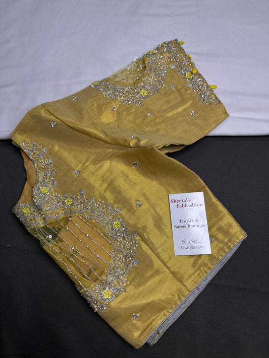Gold Tissue Net Pattu Silk Maggam Aari Blouse - 