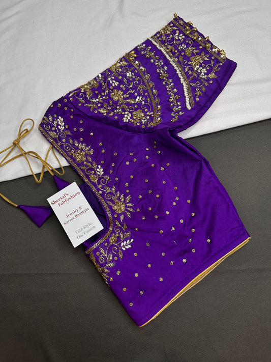 Purple Silk Maggam Aari Work Blouse - 
