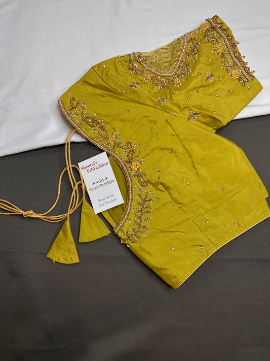 Green Net Silk Maggam Aari Blouse - 