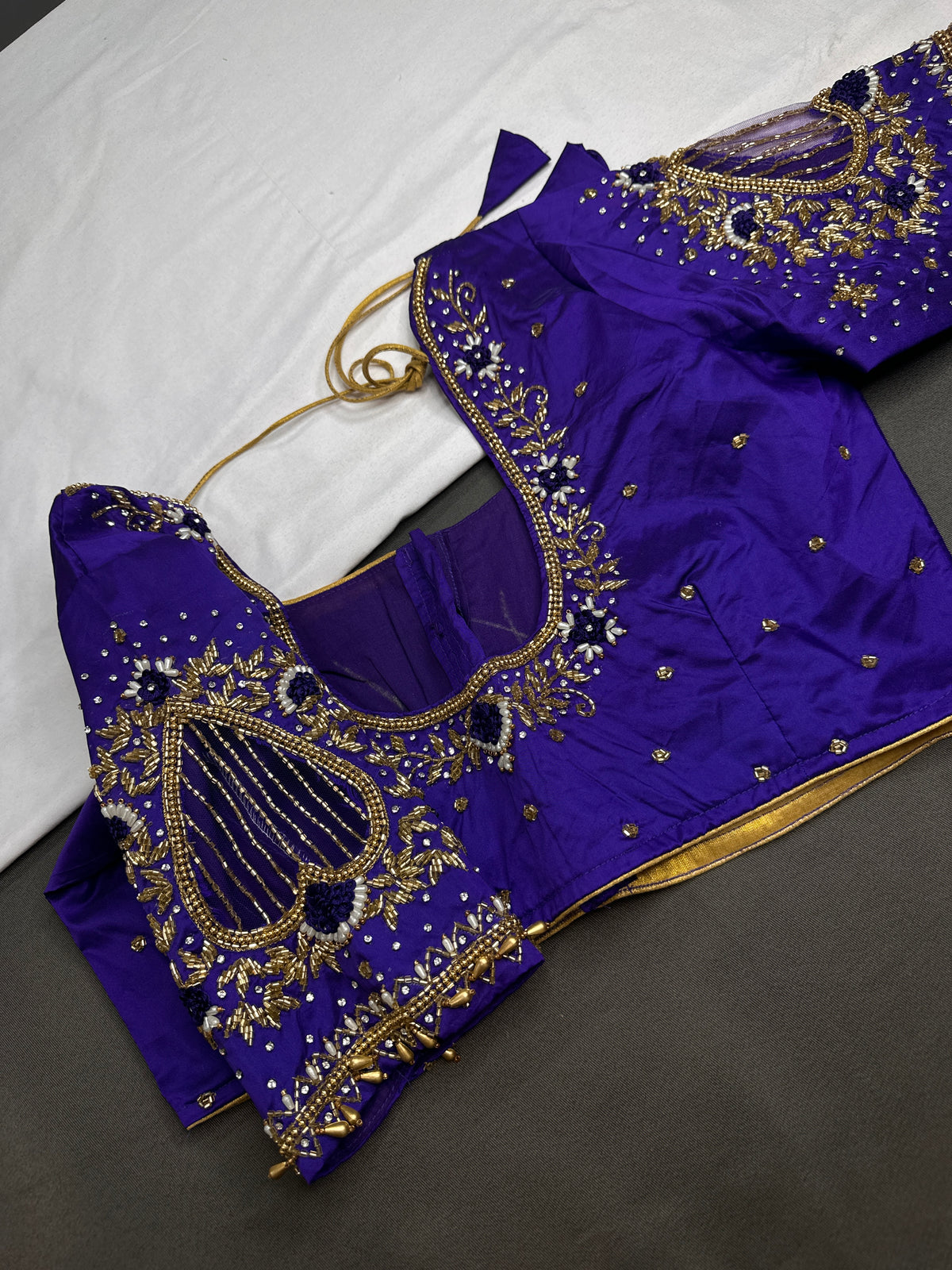 Blue Net Silk Maggam Aari Blouse - 