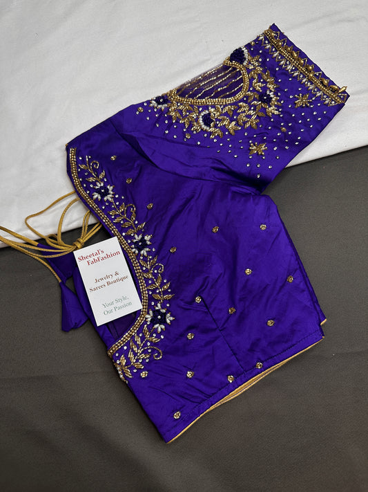 Blue Net Silk Maggam Aari Blouse - 
