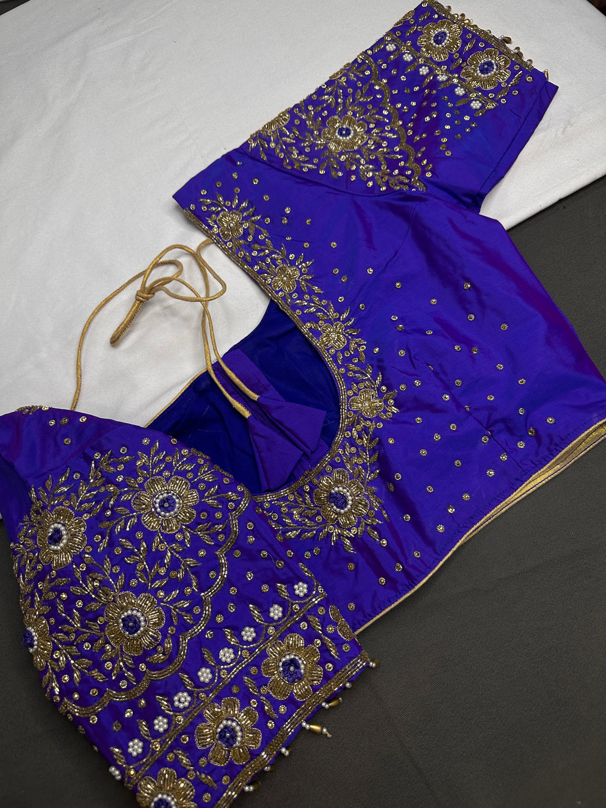 Blue Silk Maggam Aari Work Blouse - 
