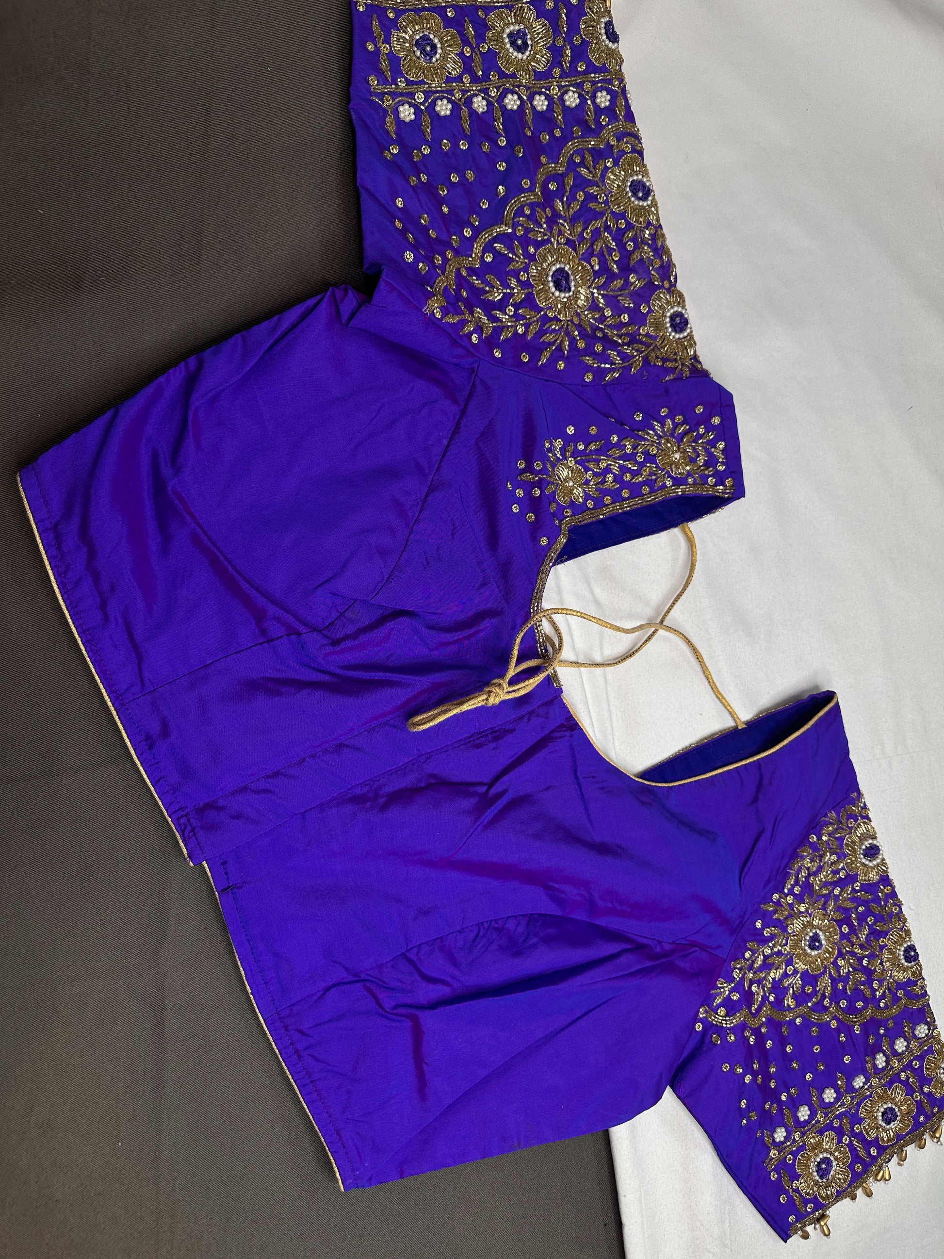 Blue Silk Maggam Aari Work Blouse - 