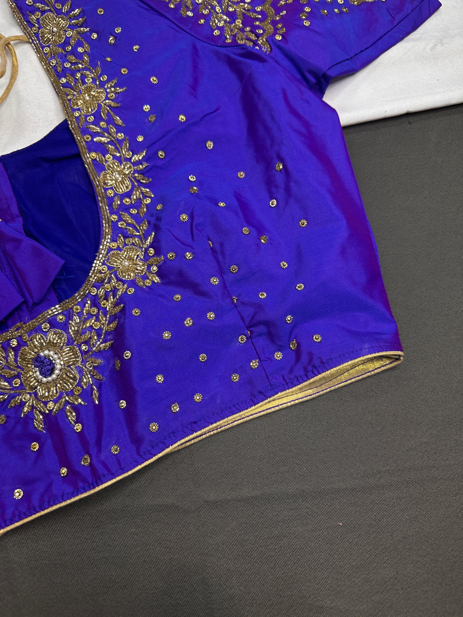 Blue Silk Maggam Aari Work Blouse - 