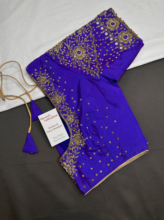 Blue Silk Maggam Aari Work Blouse - 