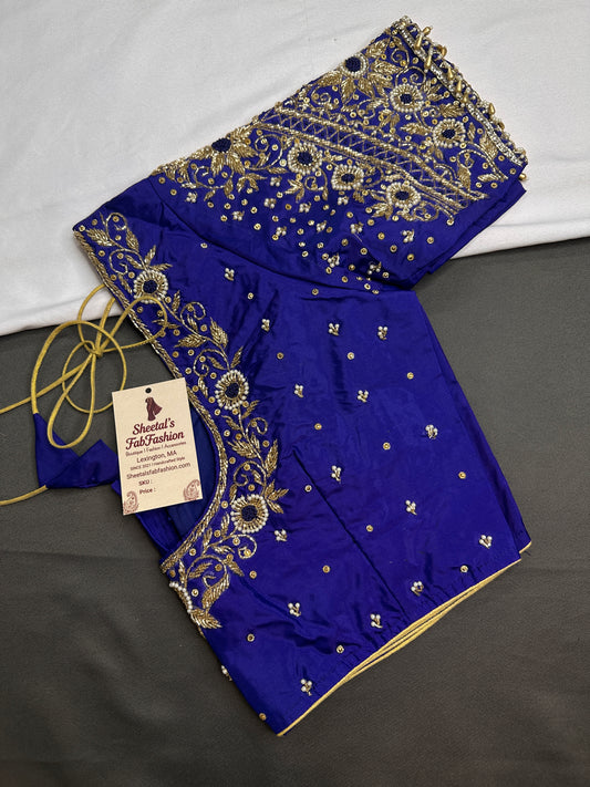 Blue Pattu Silk Maggam Aari Blouse - 