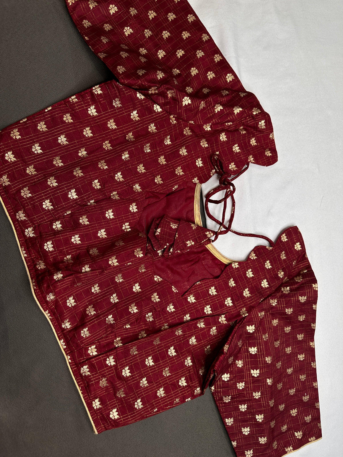 Marron Red Check Butta Stitched Blouse - 