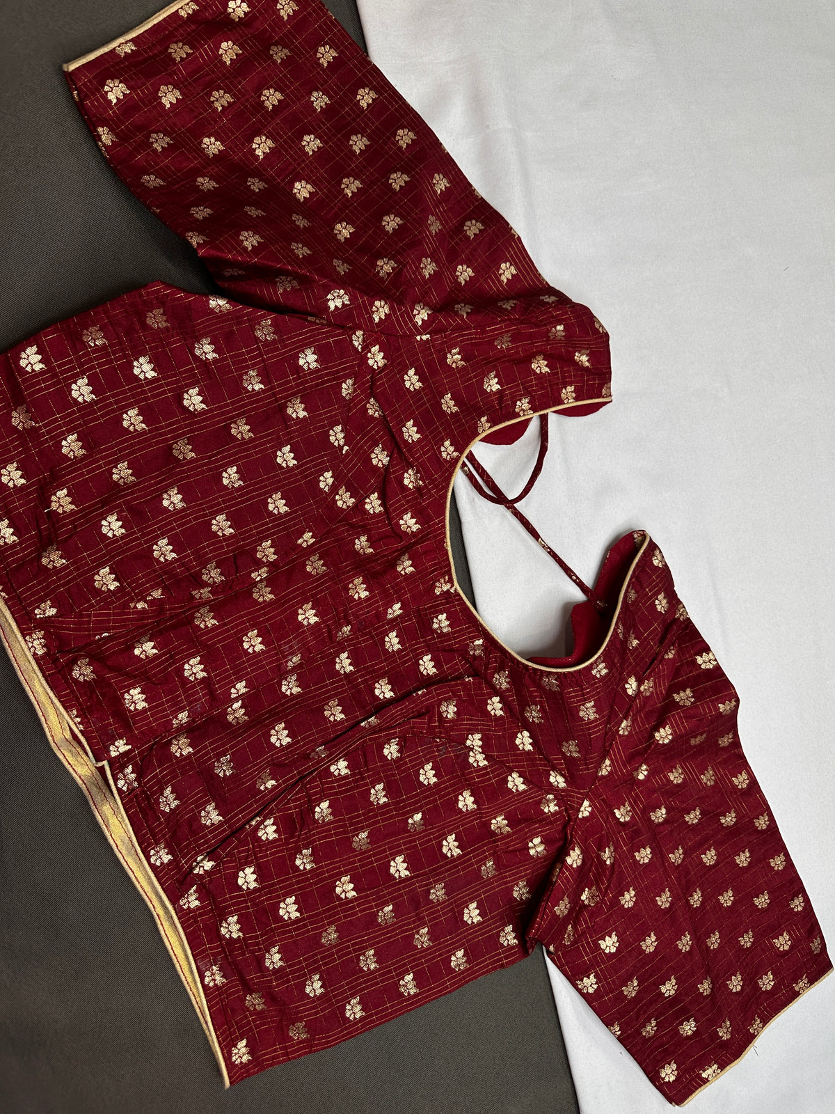 Marron Red Check Butta Stitched Blouse - 