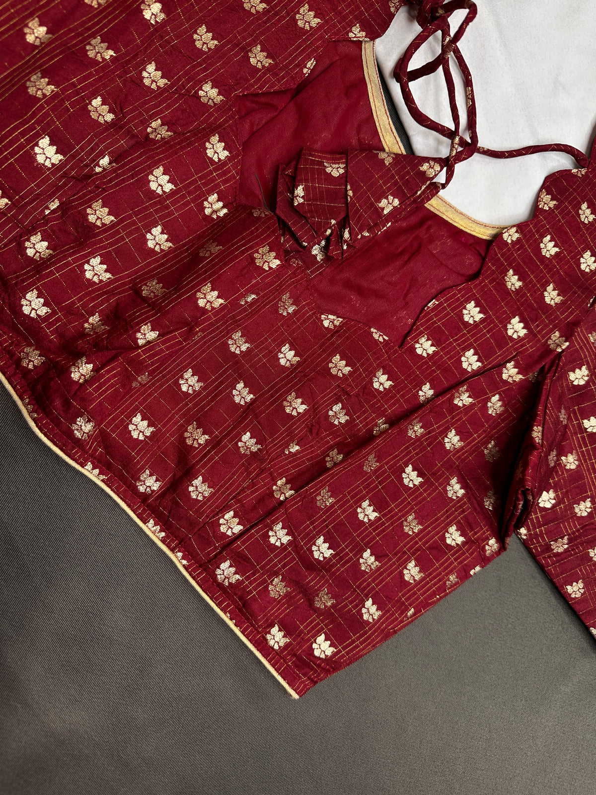 Marron Red Check Butta Stitched Blouse - 