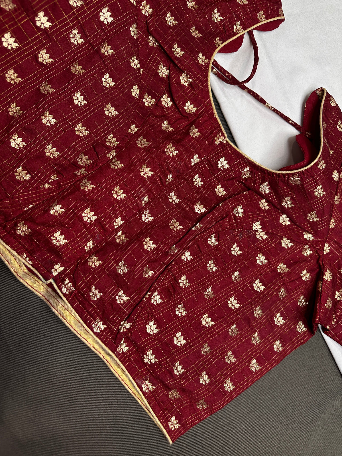 Marron Red Check Butta Stitched Blouse - 