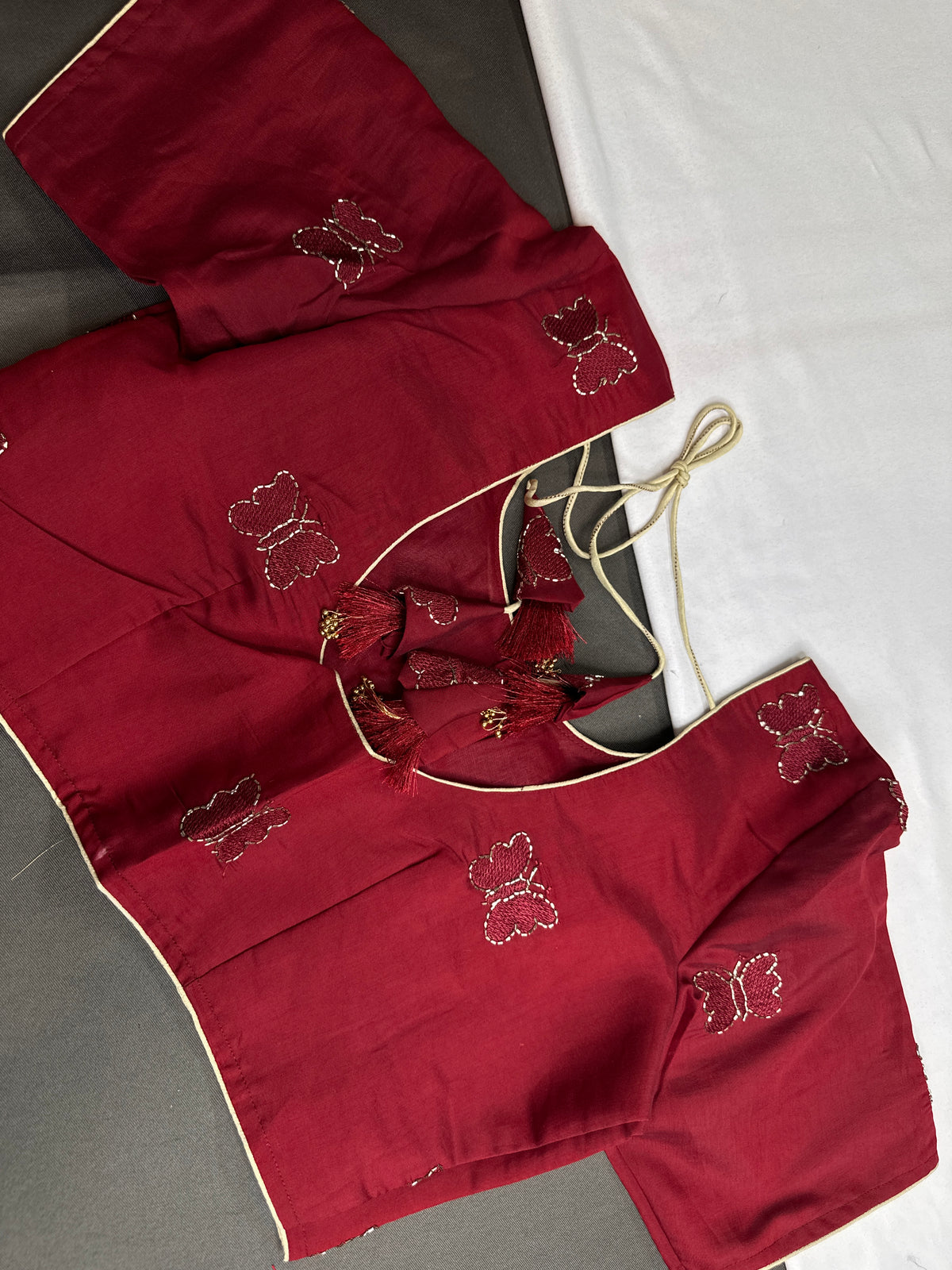 Maroon Red Butterfly Stitched Ready-Made Blouse - BL000791