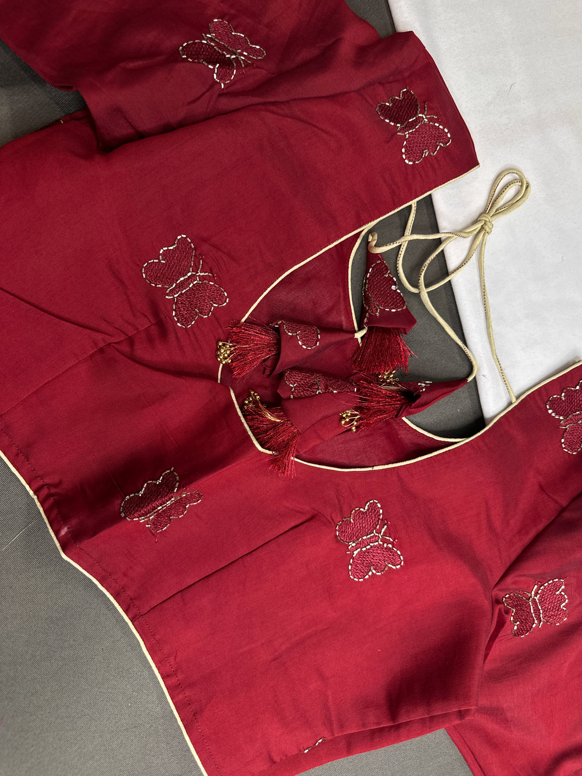 Maroon Red Butterfly Stitched Ready-Made Blouse - BL000791