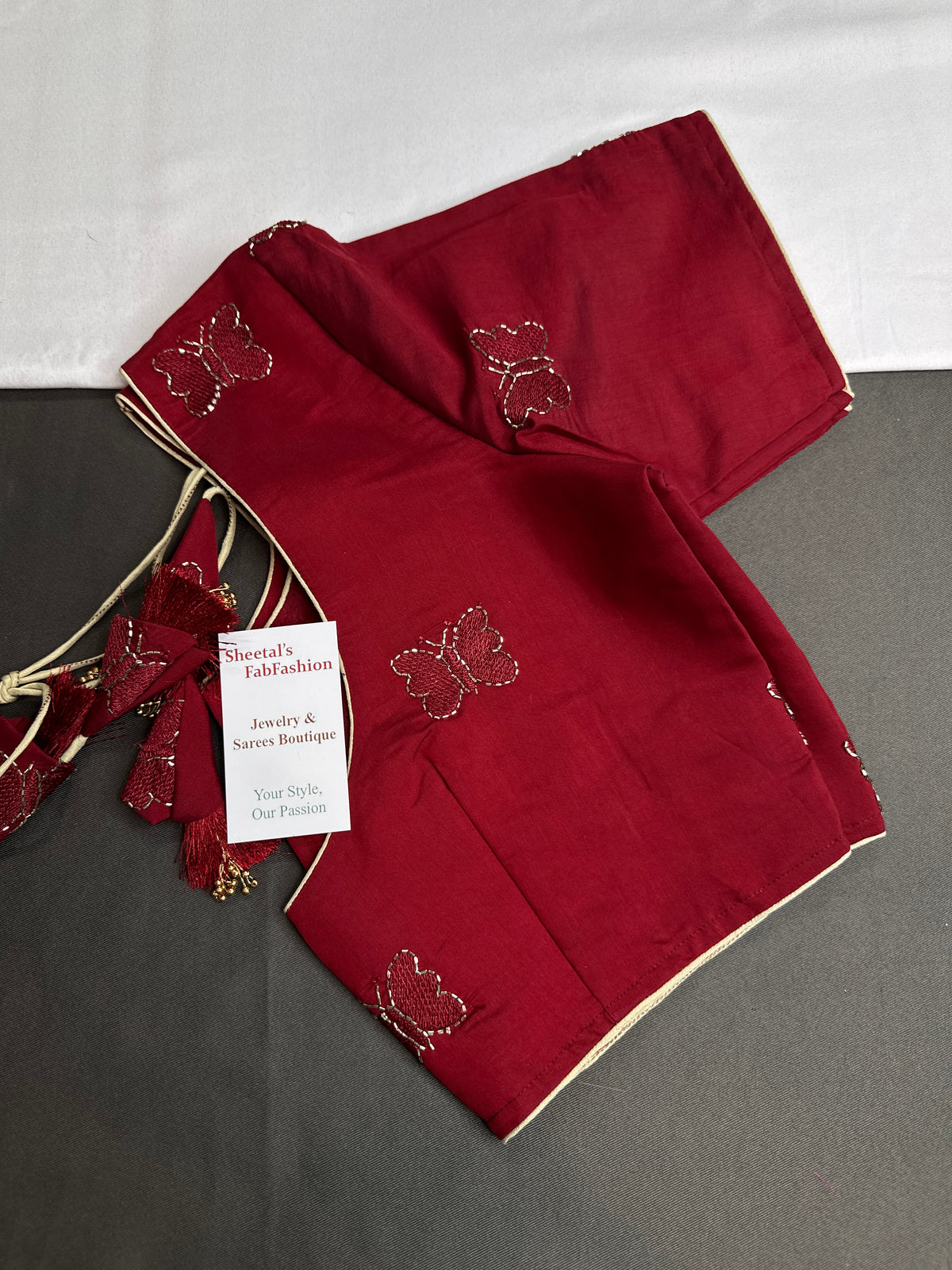 Maroon Red Butterfly Stitched Ready-Made Blouse - BL000791