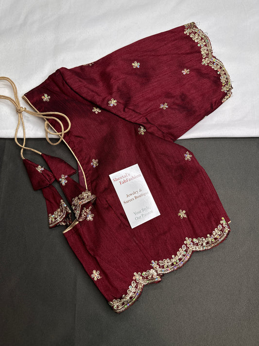 Khadi Silk Maroon Red Embroidery Stitched Ready-Made Blouse - BL000796